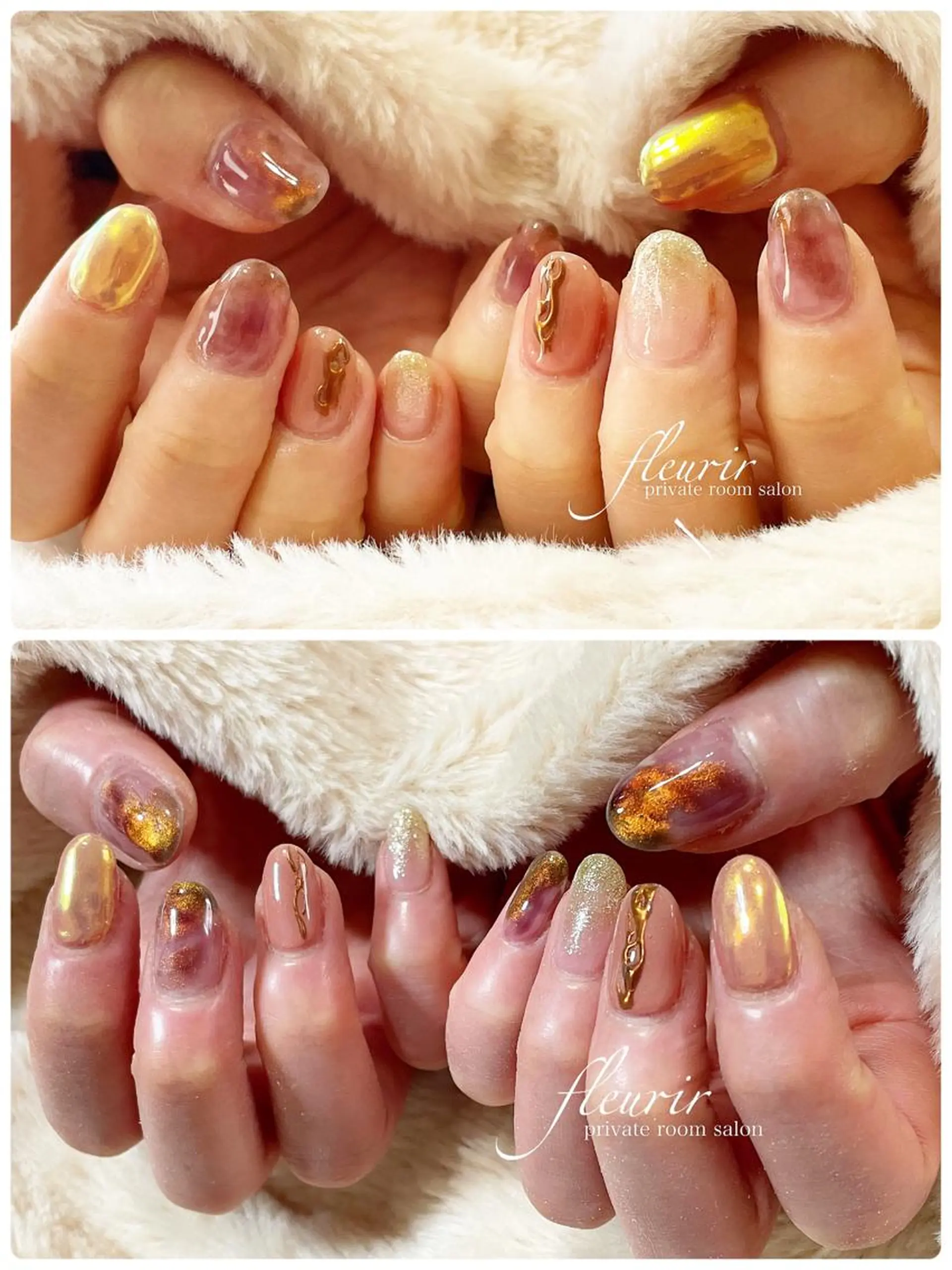 ネイル アートネイル オーロラネイル 長さ出し ジェルネイル ゴールド フルリール 【プライベートサロンのネイルデザイン