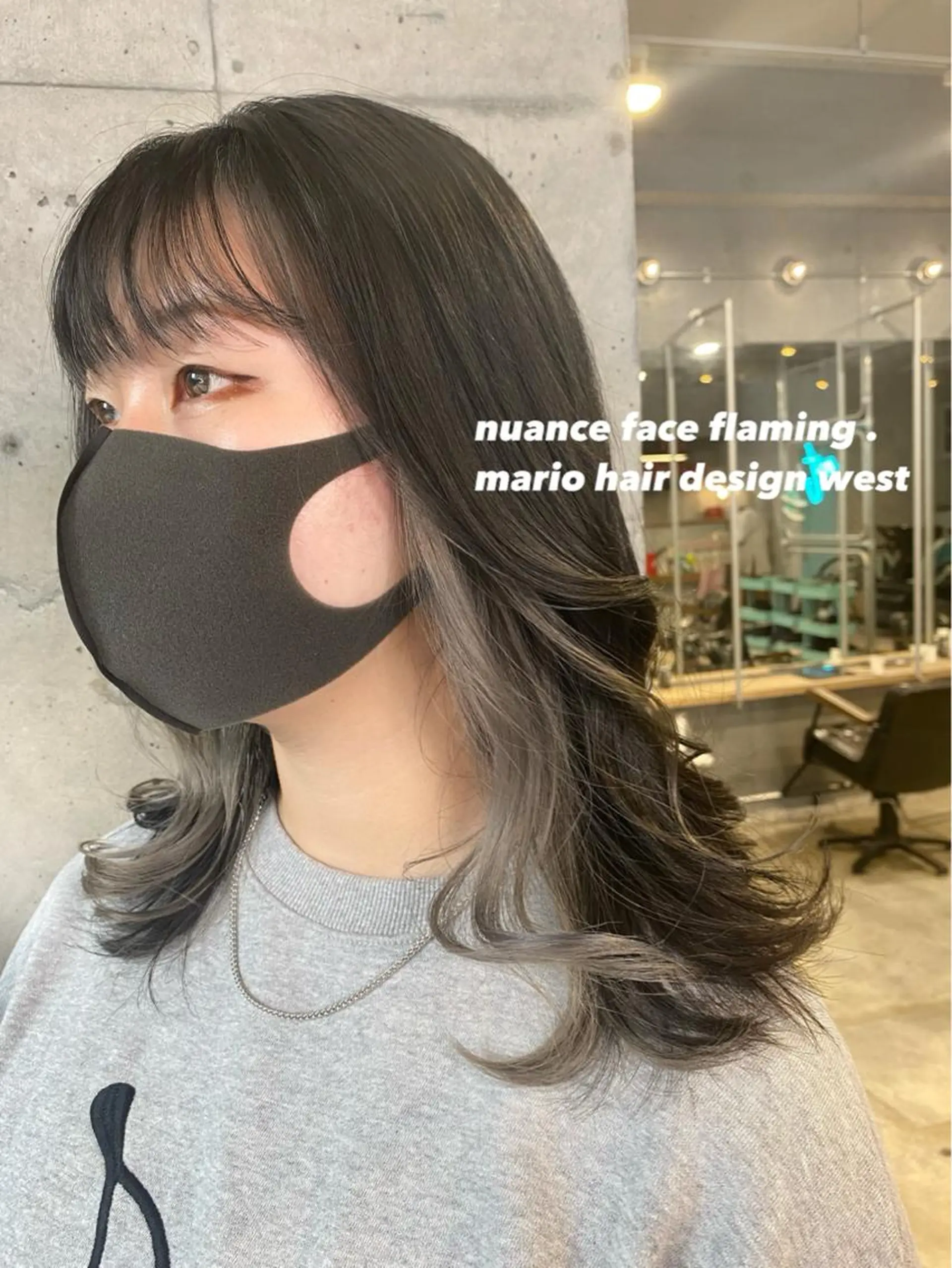 セミロング カラー アッシュ ミストバング ベージュカラー 黒髪 ブルーカラー 竹嶌 健吾のヘアスタイル