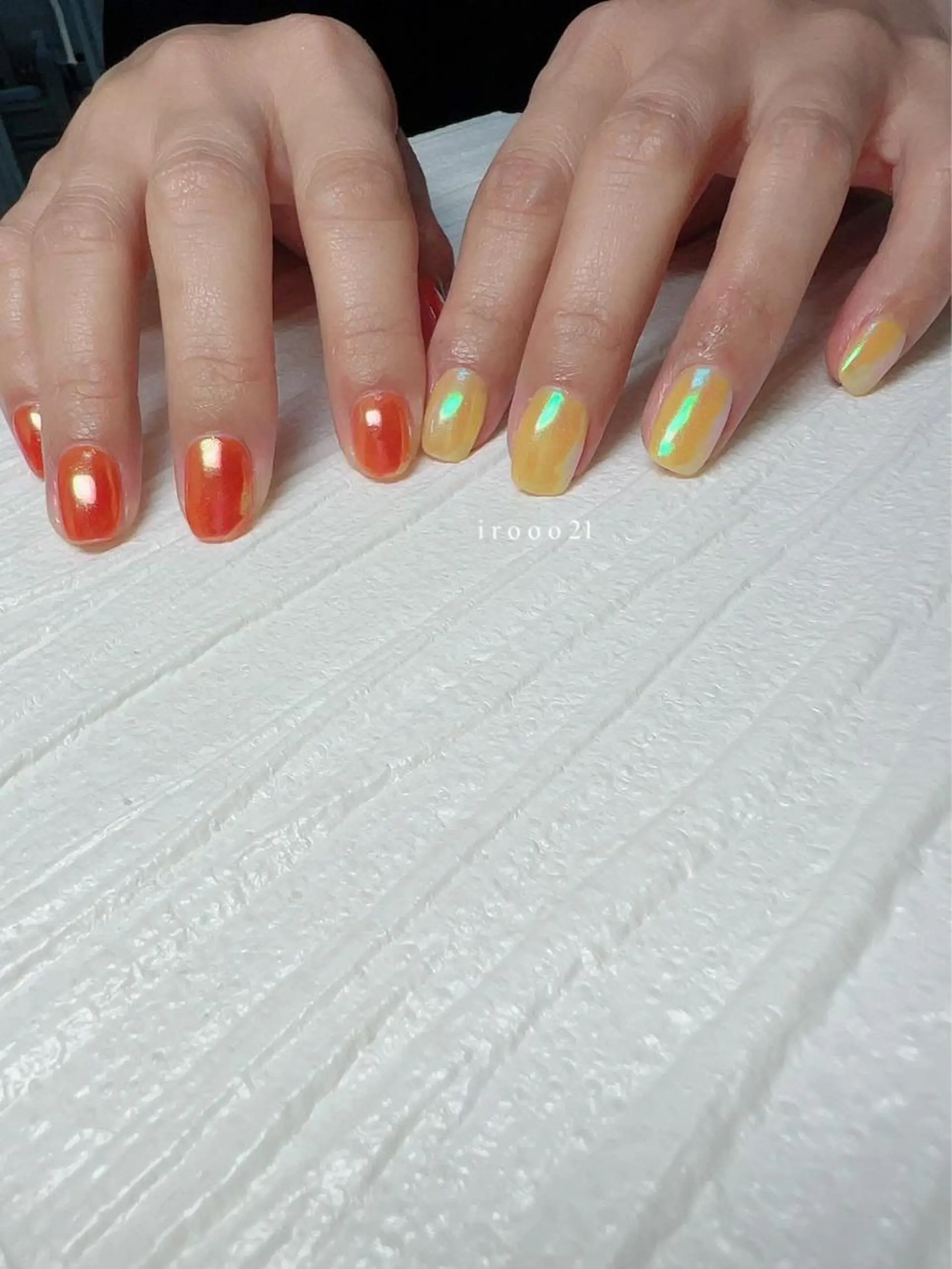 ネイル 氷ネイル・うるうるネイル オレンジ 黄色 irooo 21のネイルデザイン