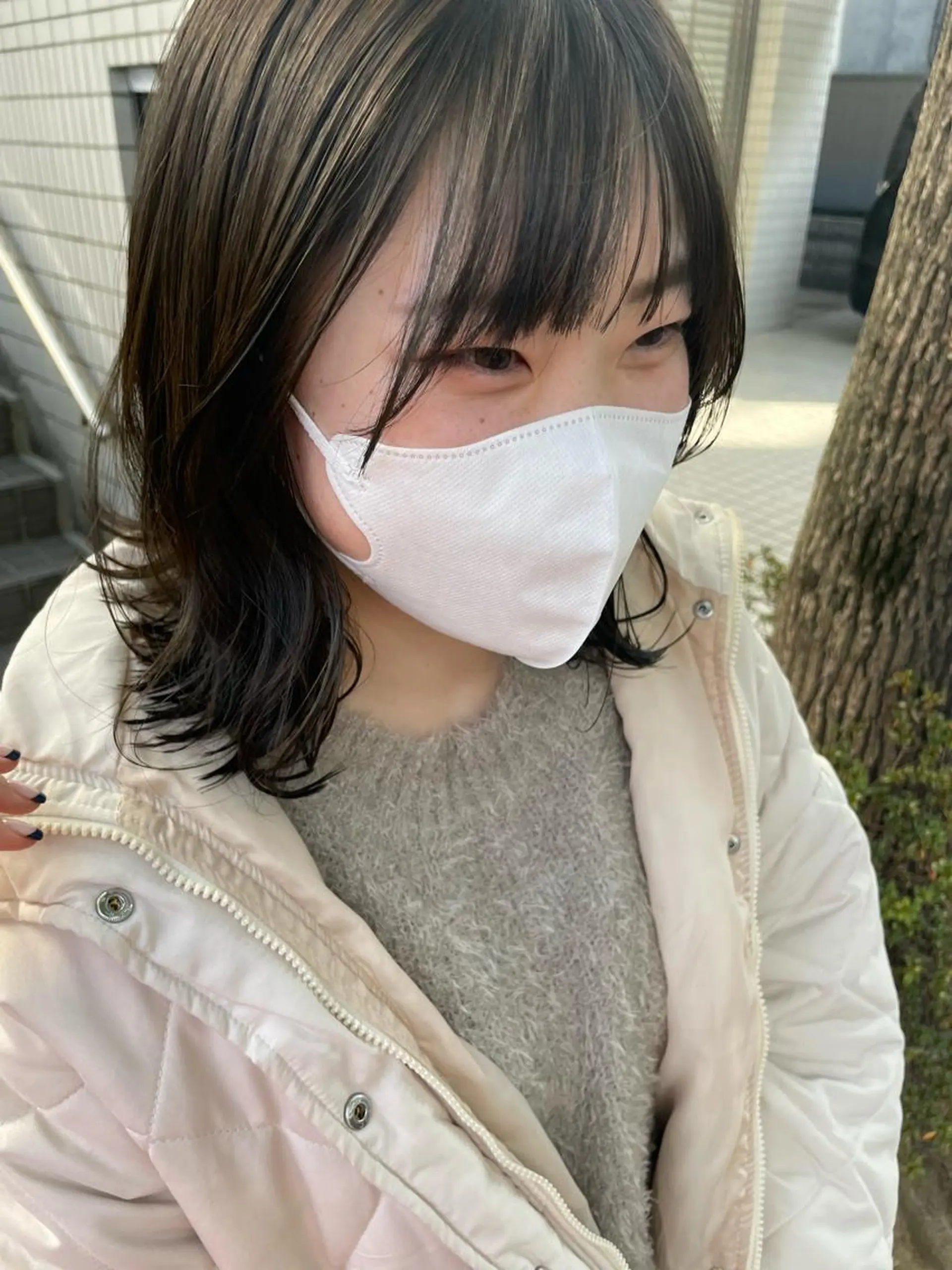 ミディアム カラー 透明感カラー グレージュ オレンジ 抜け感ボブ×パーマ |kazaneのヘアスタイル
