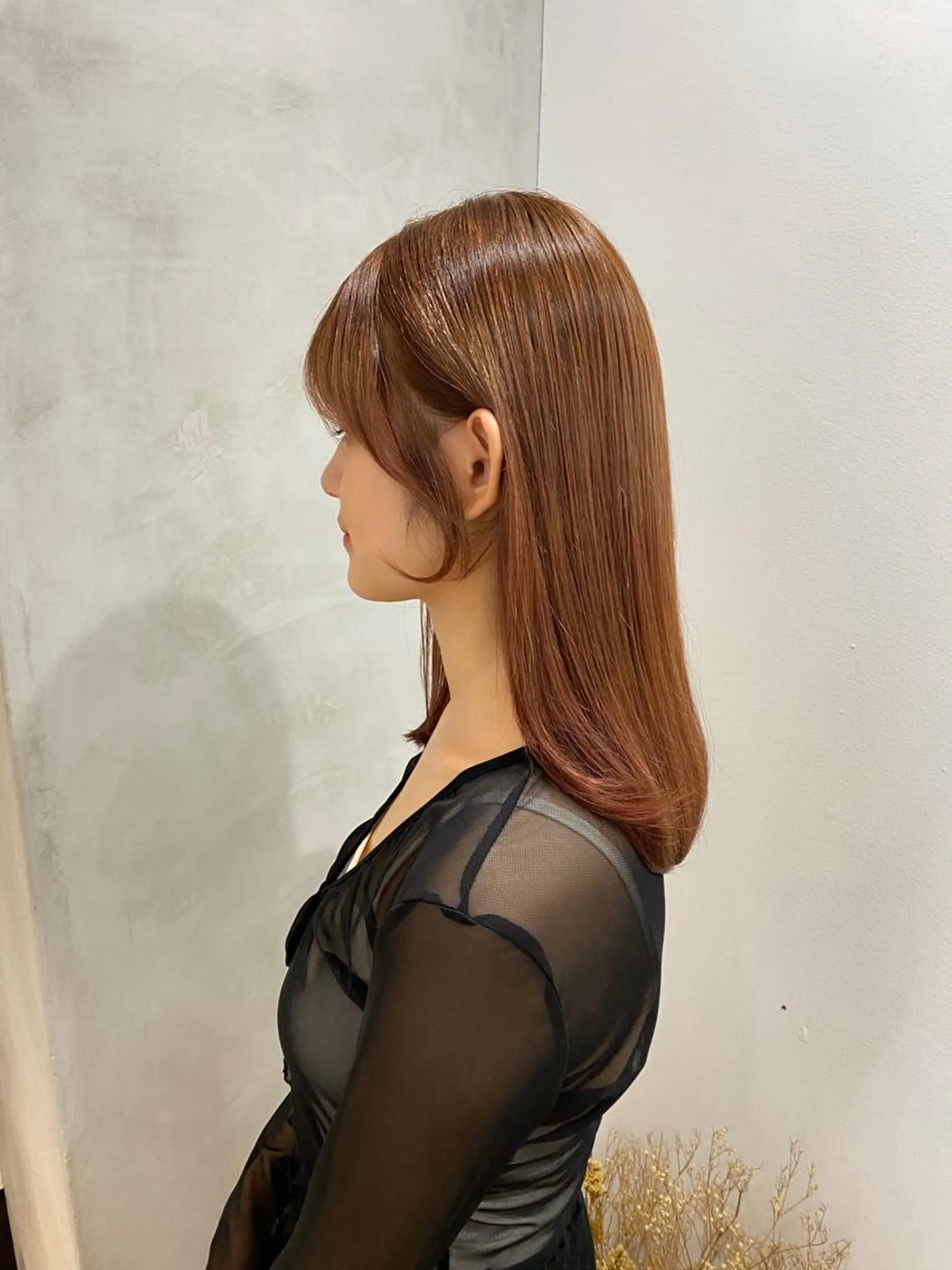 ミディアム カラー オレンジ 顔周りカット むく。/顔周りカット /透明感カラーのヘアスタイル