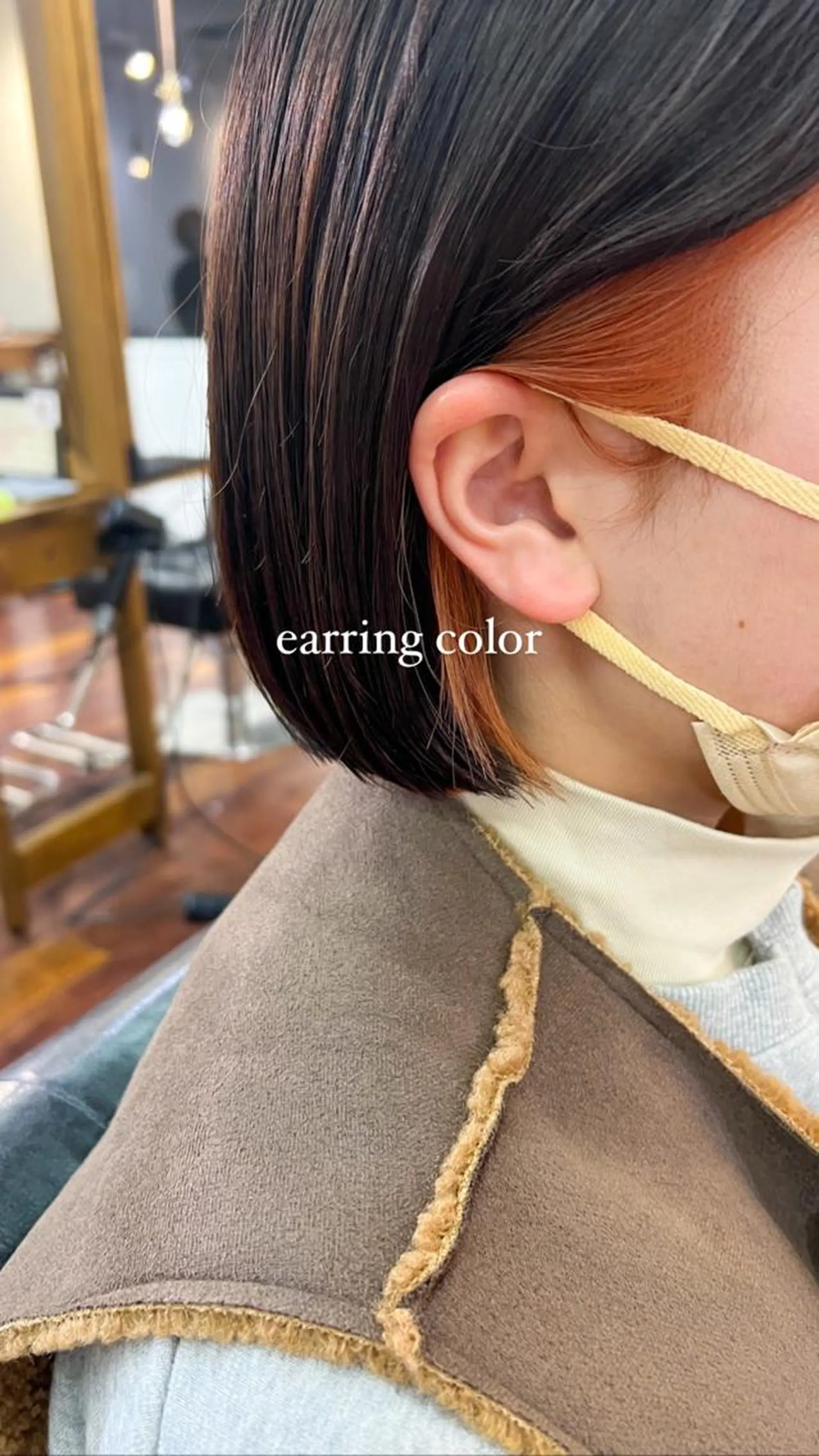 ミディアム カラー ブリーチ イヤリングカラー オレンジ ボブ カット ヘアカラー 水野 雪 /パーマ/暖色カラーのヘアスタイル