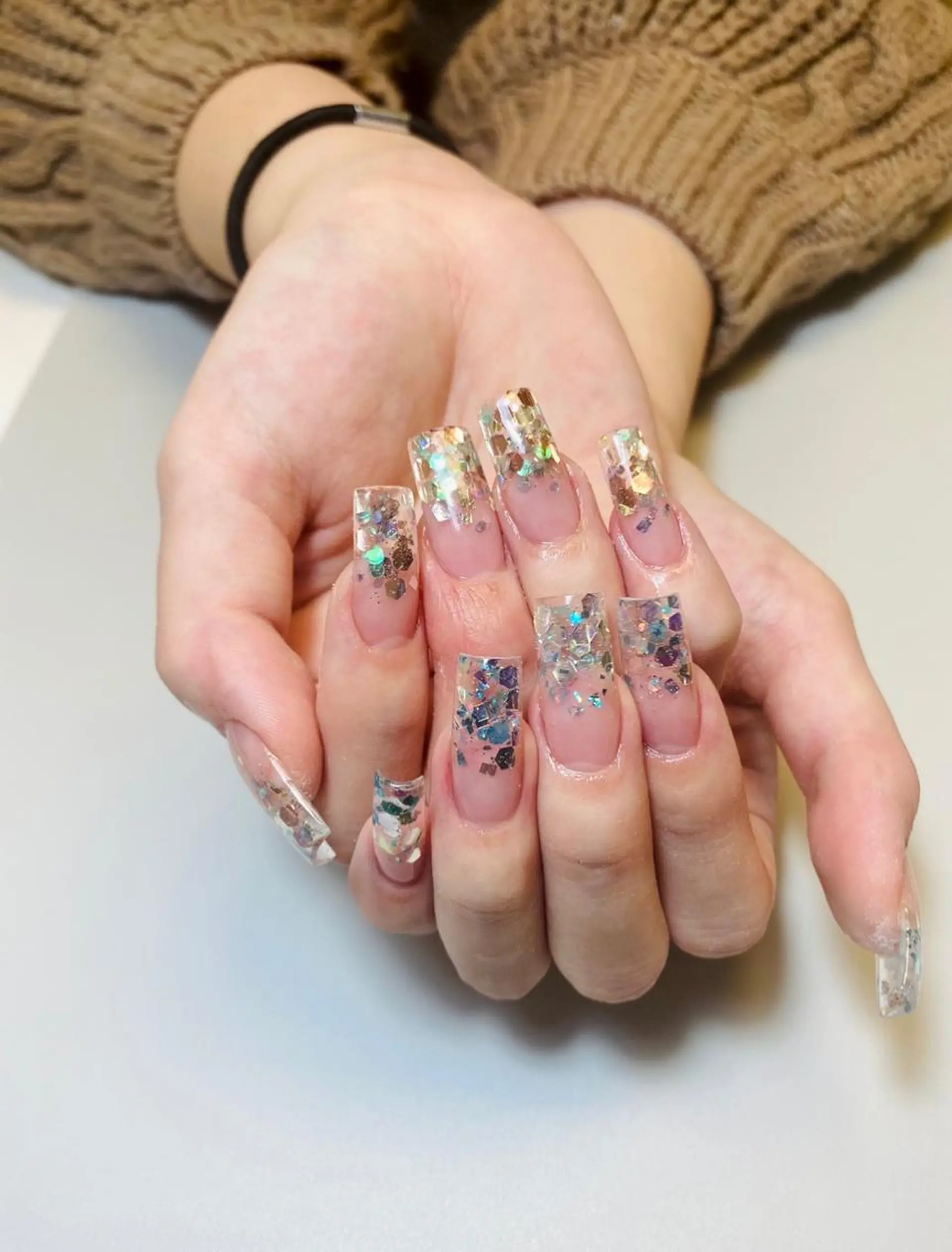 ロング ネイル オーロラネイル クリアネイル ラメ(グリッター) ラメグラデーション スカルプネイル GLADnail nuanceのネイルデザイン