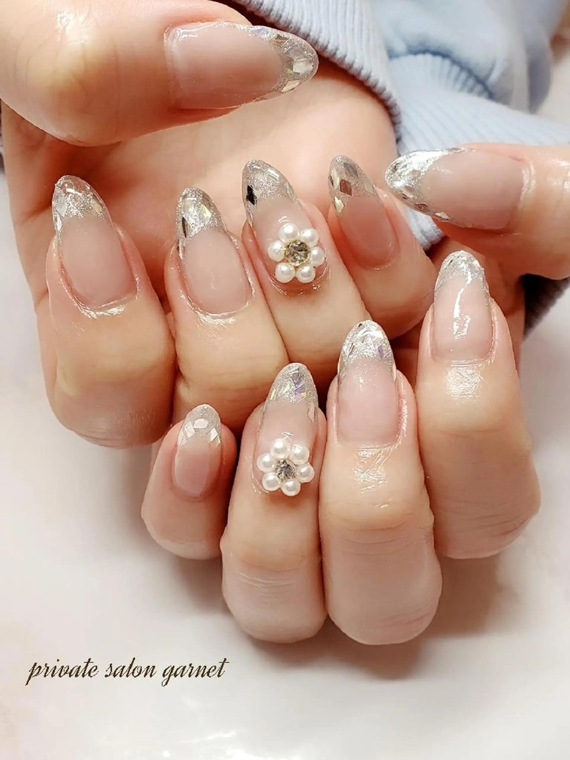ネイル フレンチネイル ガラスフレンチ キラキラネイル Garnet nailのネイルデザイン