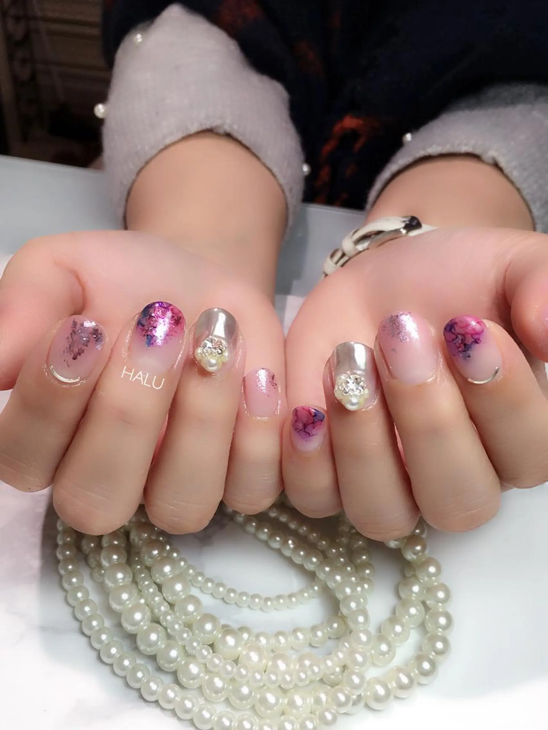 ネイル アートネイル ミラーネイル ニュアンスネイル 春ネイル HALU ハルのネイルデザイン