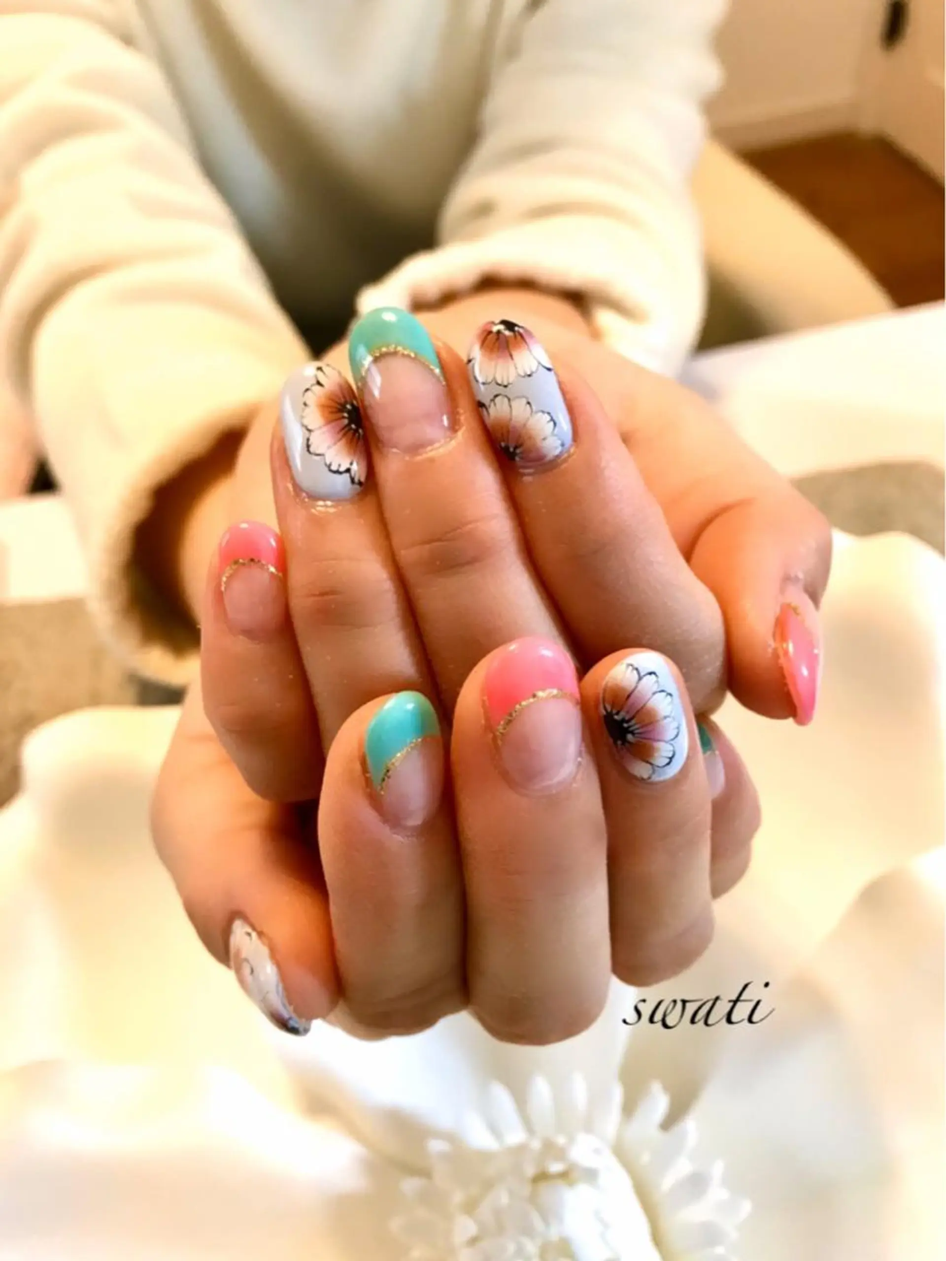 ネイル アートネイル フレンチネイル グリーン オフィスネイル ピンク yuko （ネイリスト）のネイルデザイン