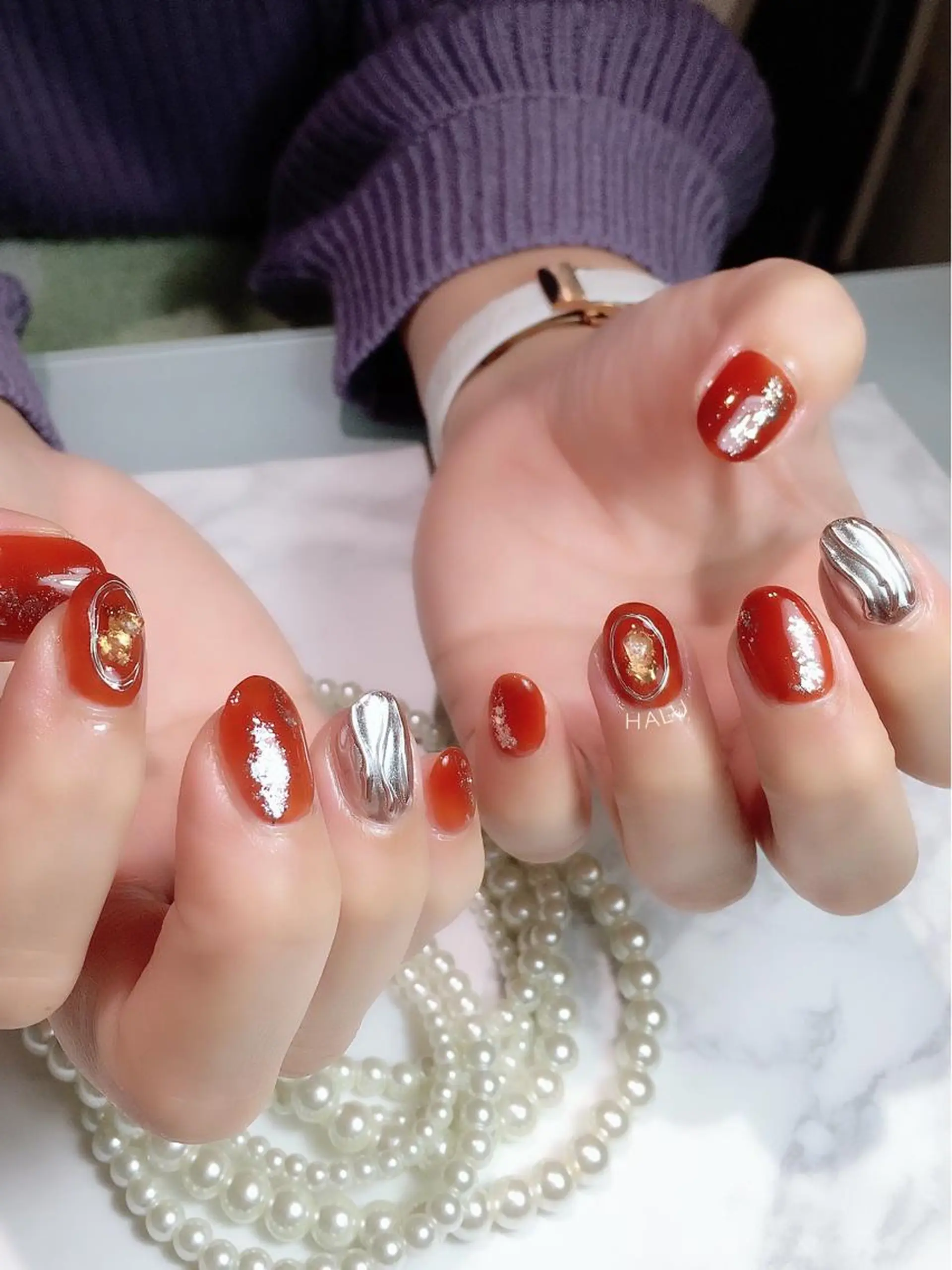 ネイル ミラーネイル オレンジ HALU ハルのネイルデザイン