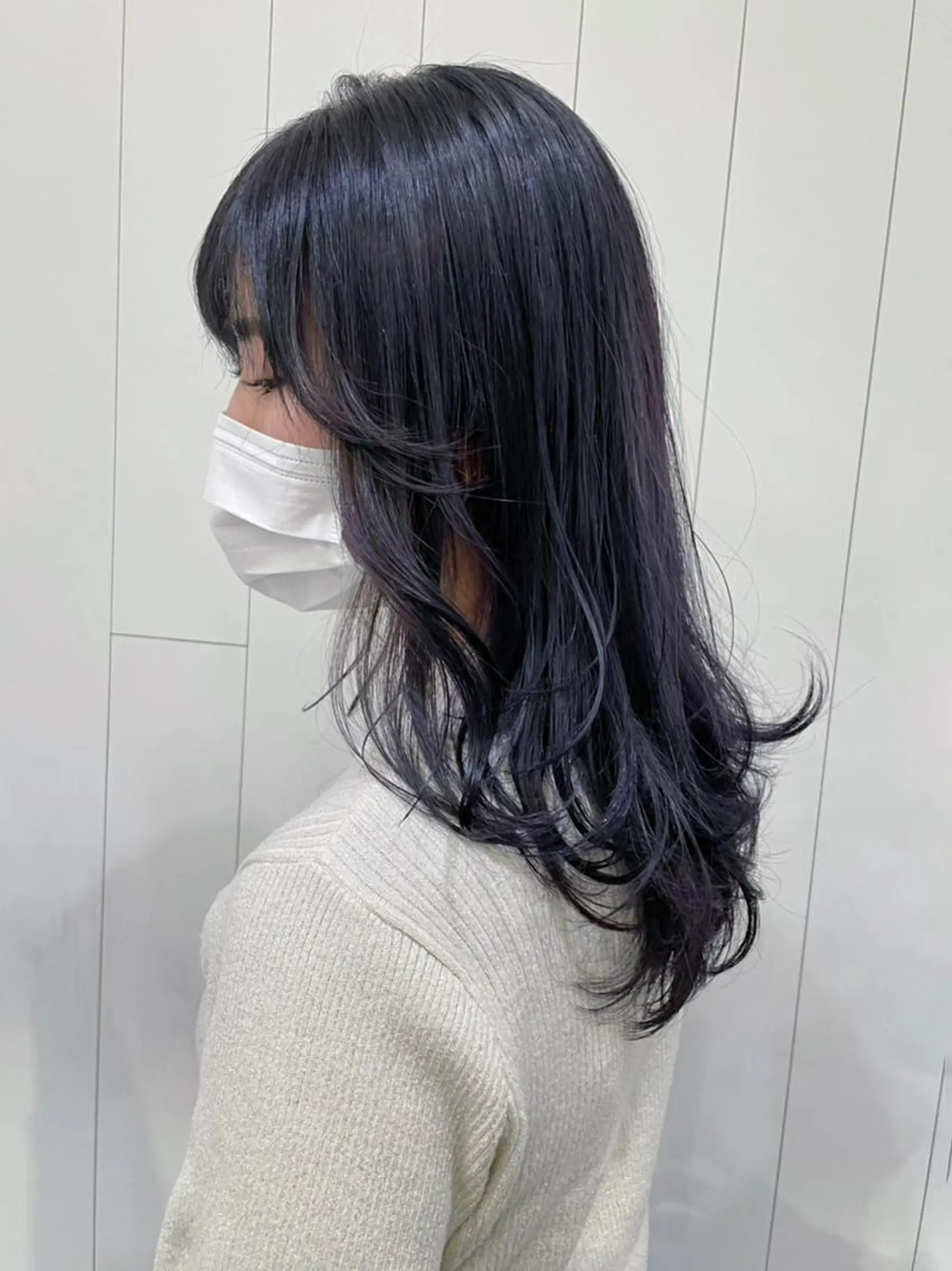 ロング カラー パーマ ヘアアレンジ 黒髪 ブルーカラー ブルーブラック ITbyALBUM 中野店のヘアスタイル