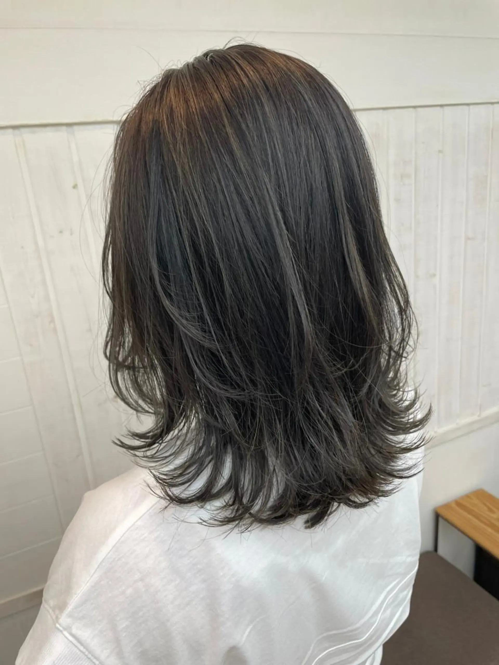 ミディアム カラー パーマ 黒髪 ブルーカラー ブルーブラック ブルージュ イルミナカラー newi grande 横浜店のヘアスタイル