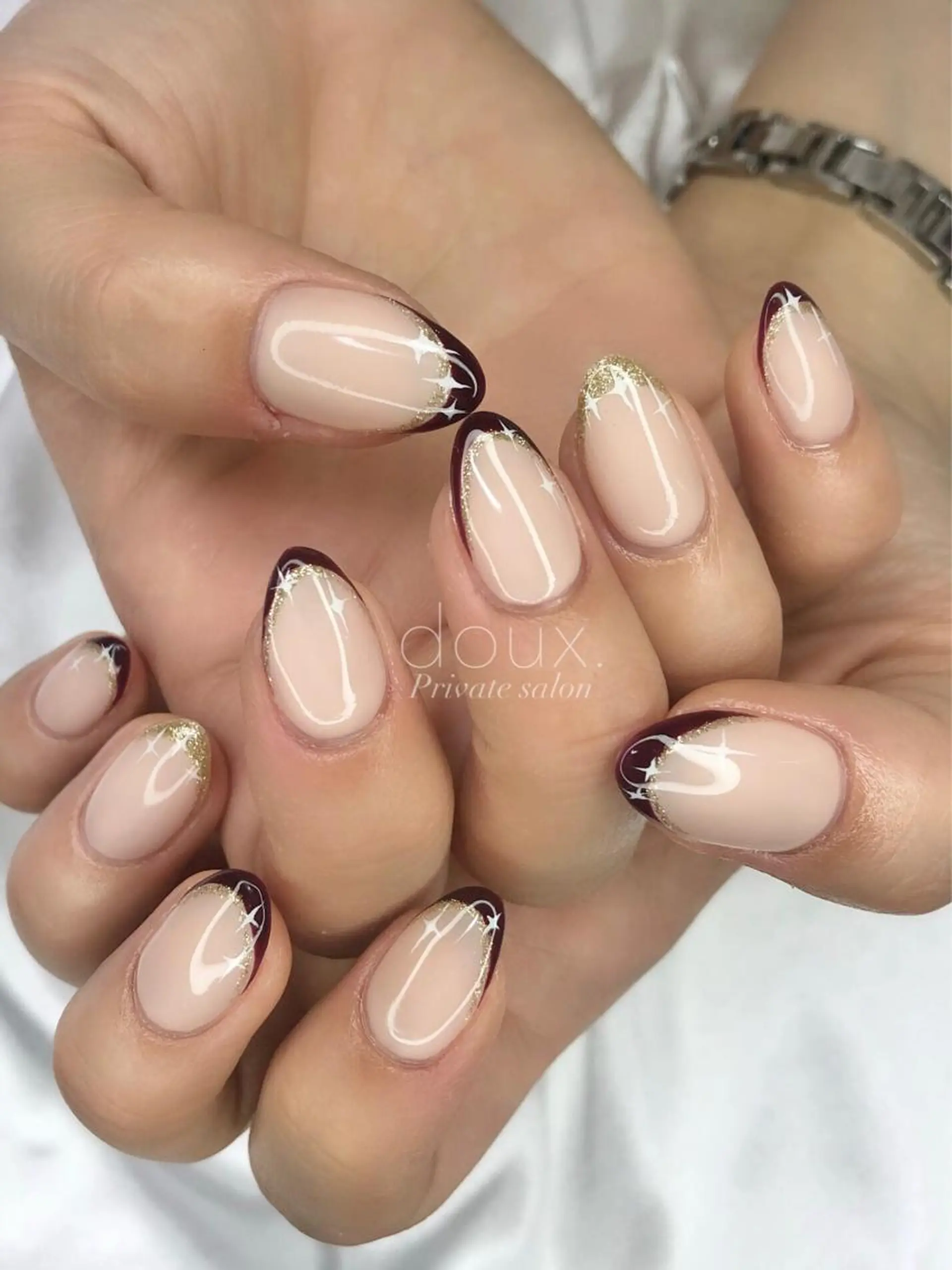 ネイル フレンチネイル キラキラネイル 韓国ネイル 春ネイル ハンドネイル doux. nailのネイルデザイン