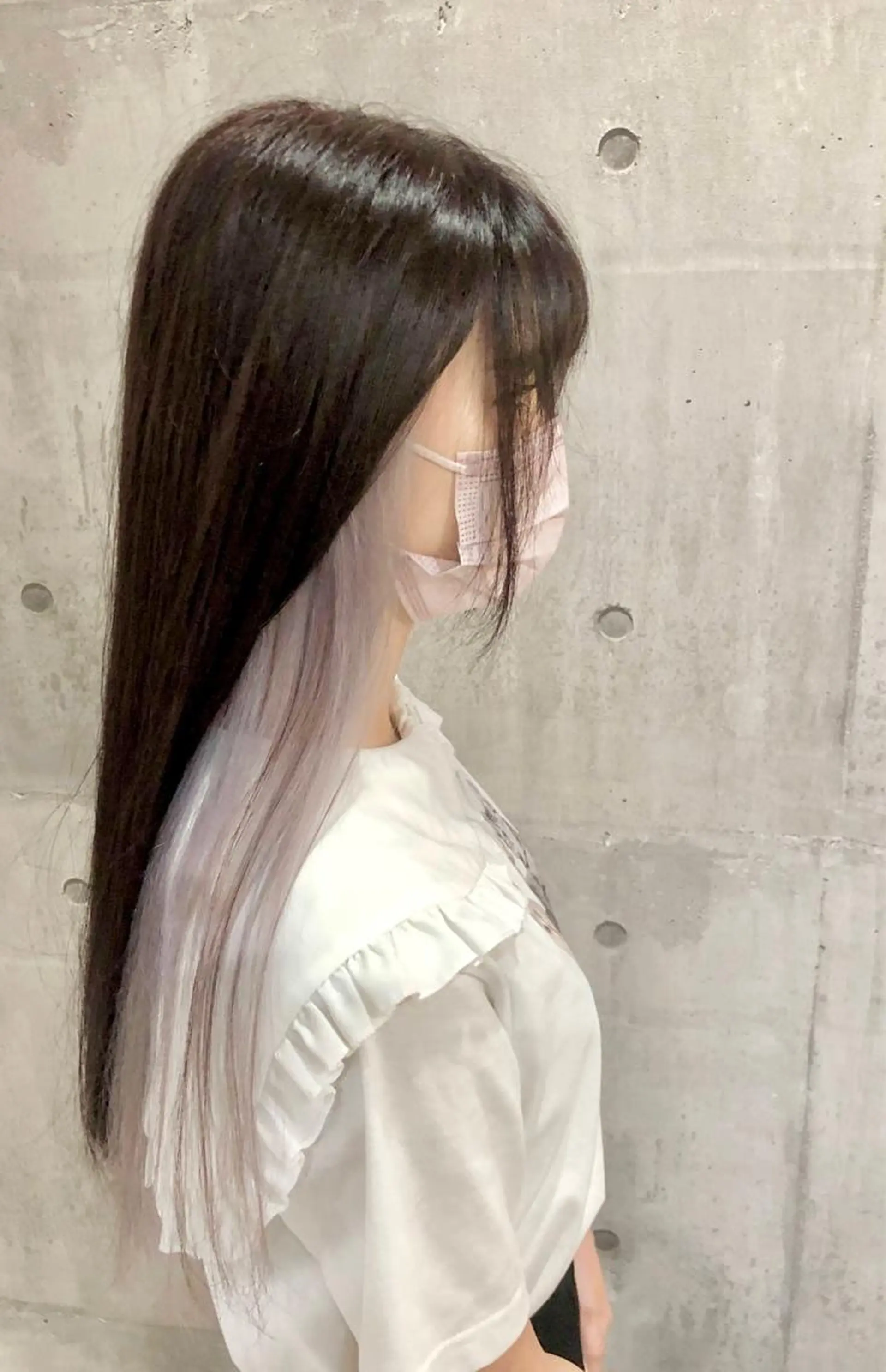 ロング カラー イヤリングカラー インナーカラー パープルカラー ヘアカラー トリートメント 興津/韓国レイヤー ダブルカラー美髪縮毛のヘアスタイル