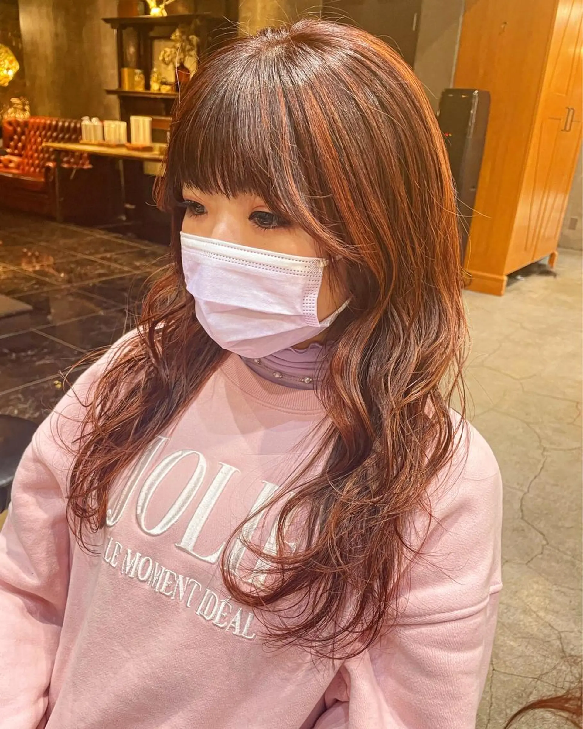 ロング カラー ヘアアレンジ ブラウンカラー オレンジ オレンジブラウン カット トリートメント 髪質改善カラー&TR 縮毛矯正/弱酸性矯正のヘアスタイル