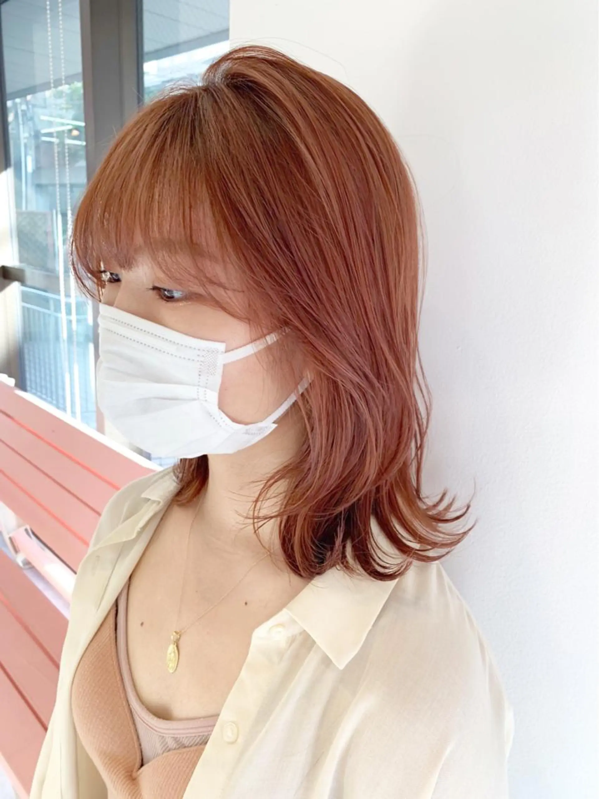 セミロング カラー ヘアアレンジ ベージュカラー オレンジ オレンジベージュ 天神レイヤーカット No.1💖マユカのヘアスタイル