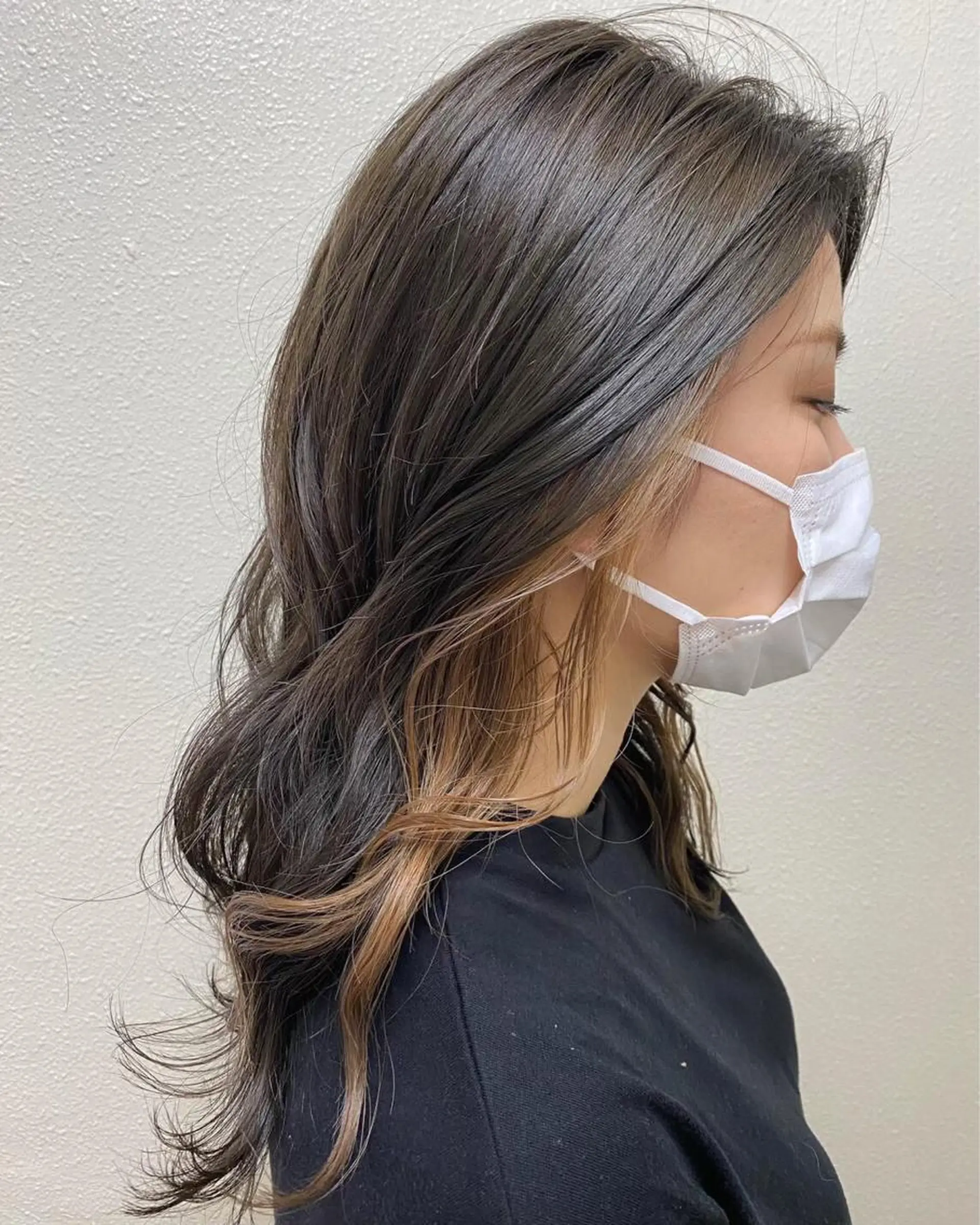 ロング カラー ヘアアレンジ キッズ アディクシーカラー バレイヤージュ ミストバング ベージュカラー 黒髪 カラー特化サロン Eir心斎橋のヘアスタイル