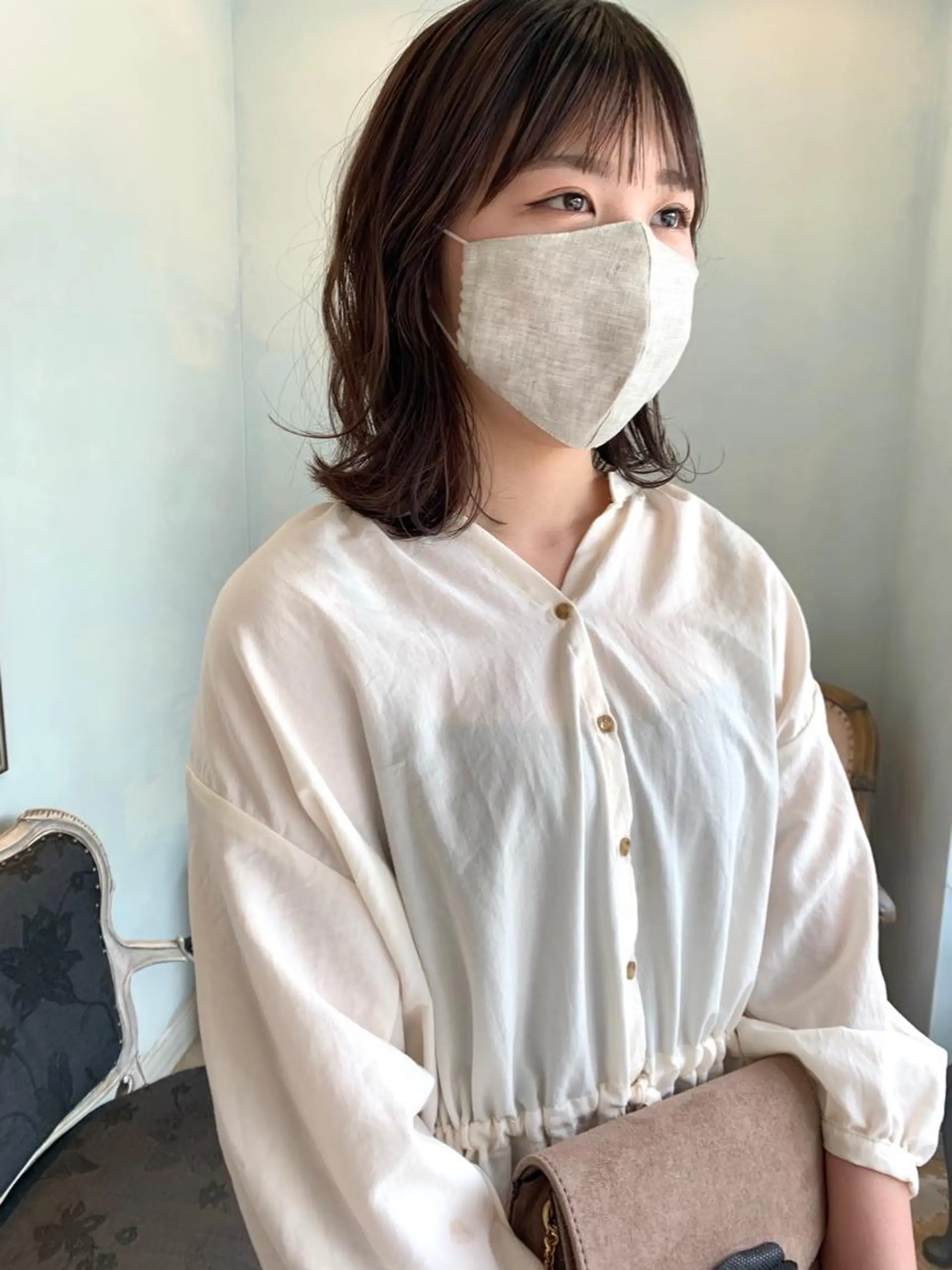 ミディアム パーマ SAKINO． ベージュカラーのヘアスタイル