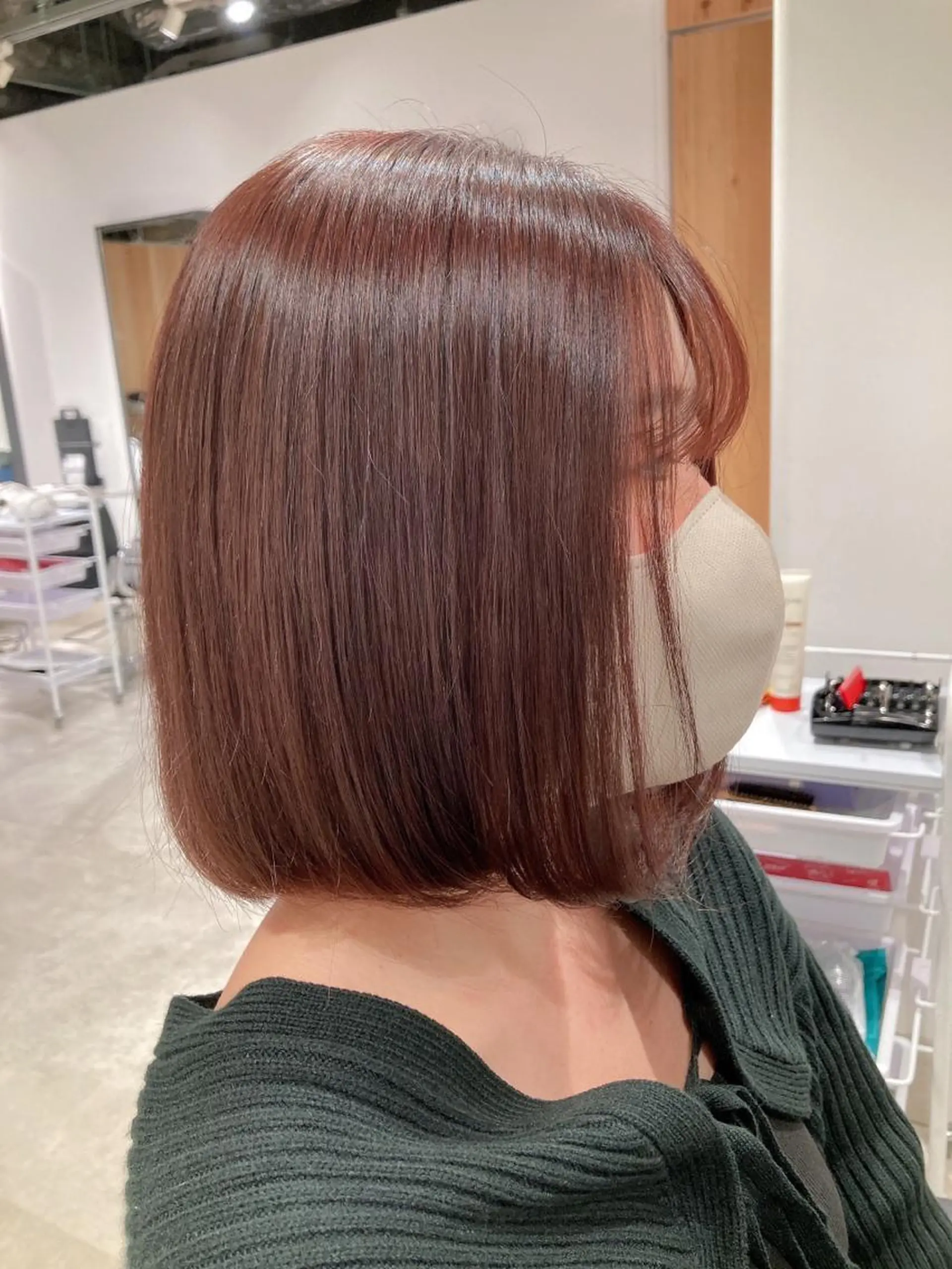 ミディアム カラー ブラウンカラー ピンクカラー ピンクブラウン ボブ カット ヘアカラー トリートメント ヘッドスパ スキバサミを使わない カット🌼唯🌼のヘアスタイル