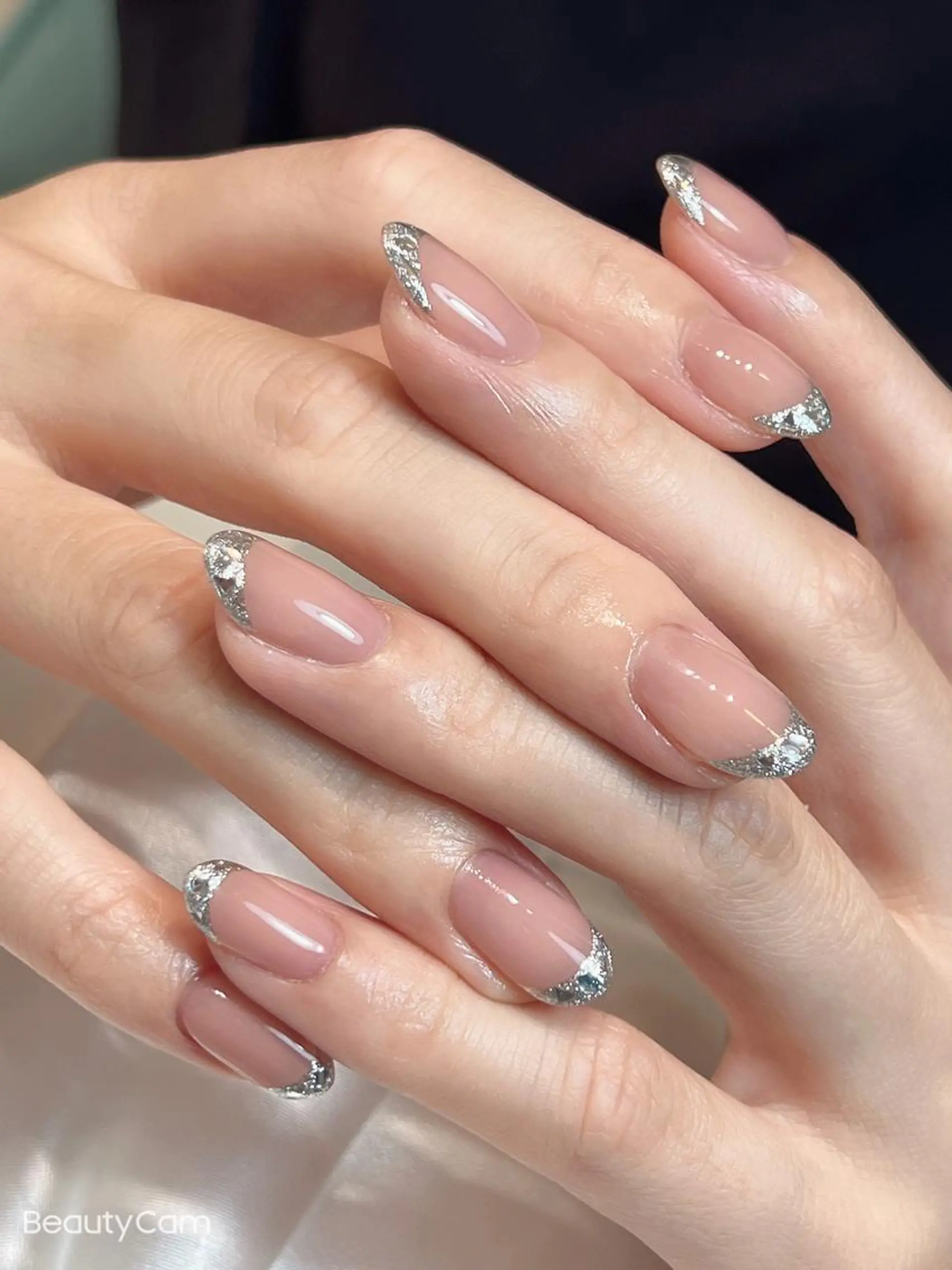 ネイル フレンチネイル ガラスフレンチ ハンドネイル bijou nails　蓮のネイルデザイン