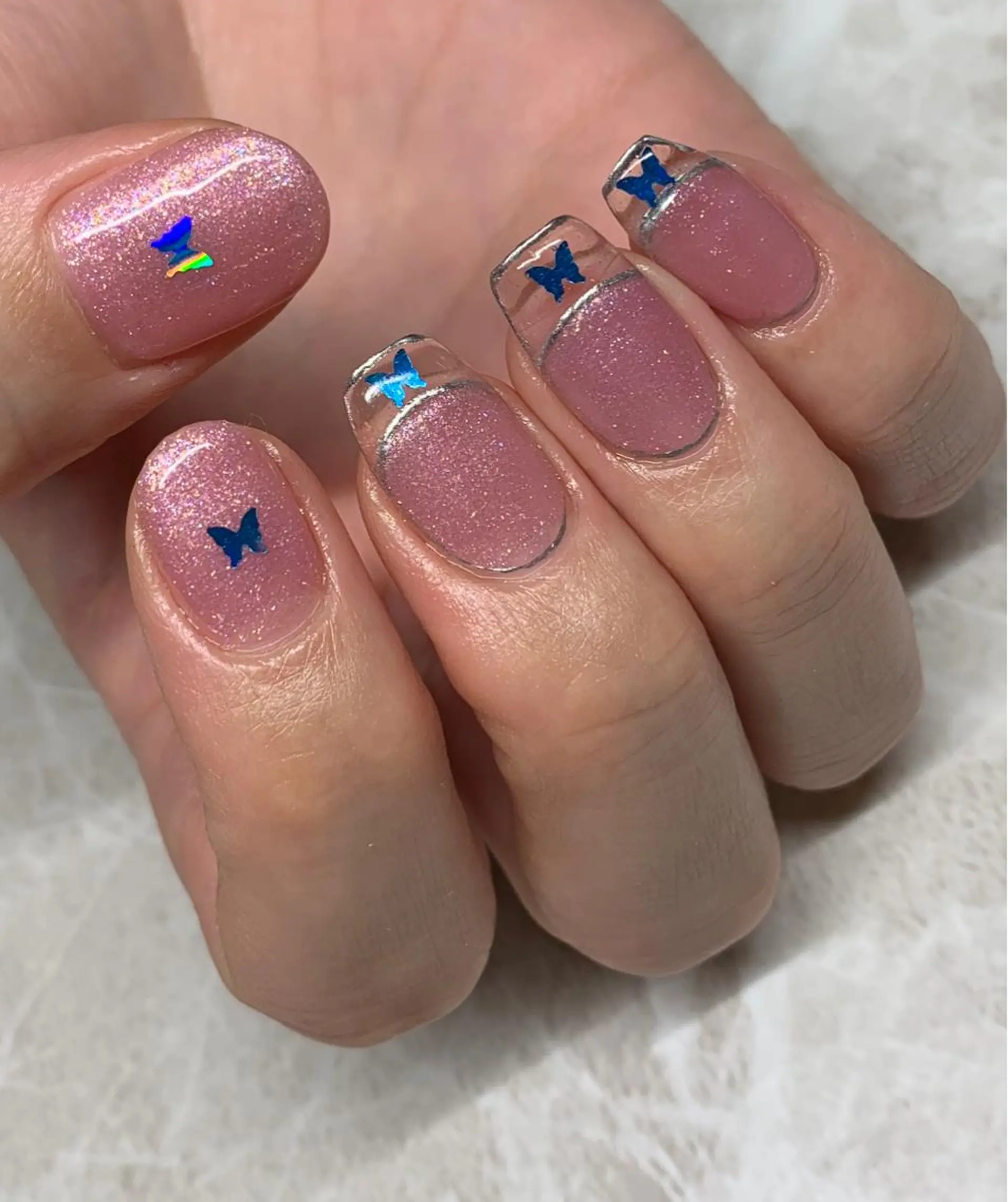 ネイル アートネイル ブルー クリアネイル 長さ出し ジェルネイル 松田 祥子のネイルデザイン