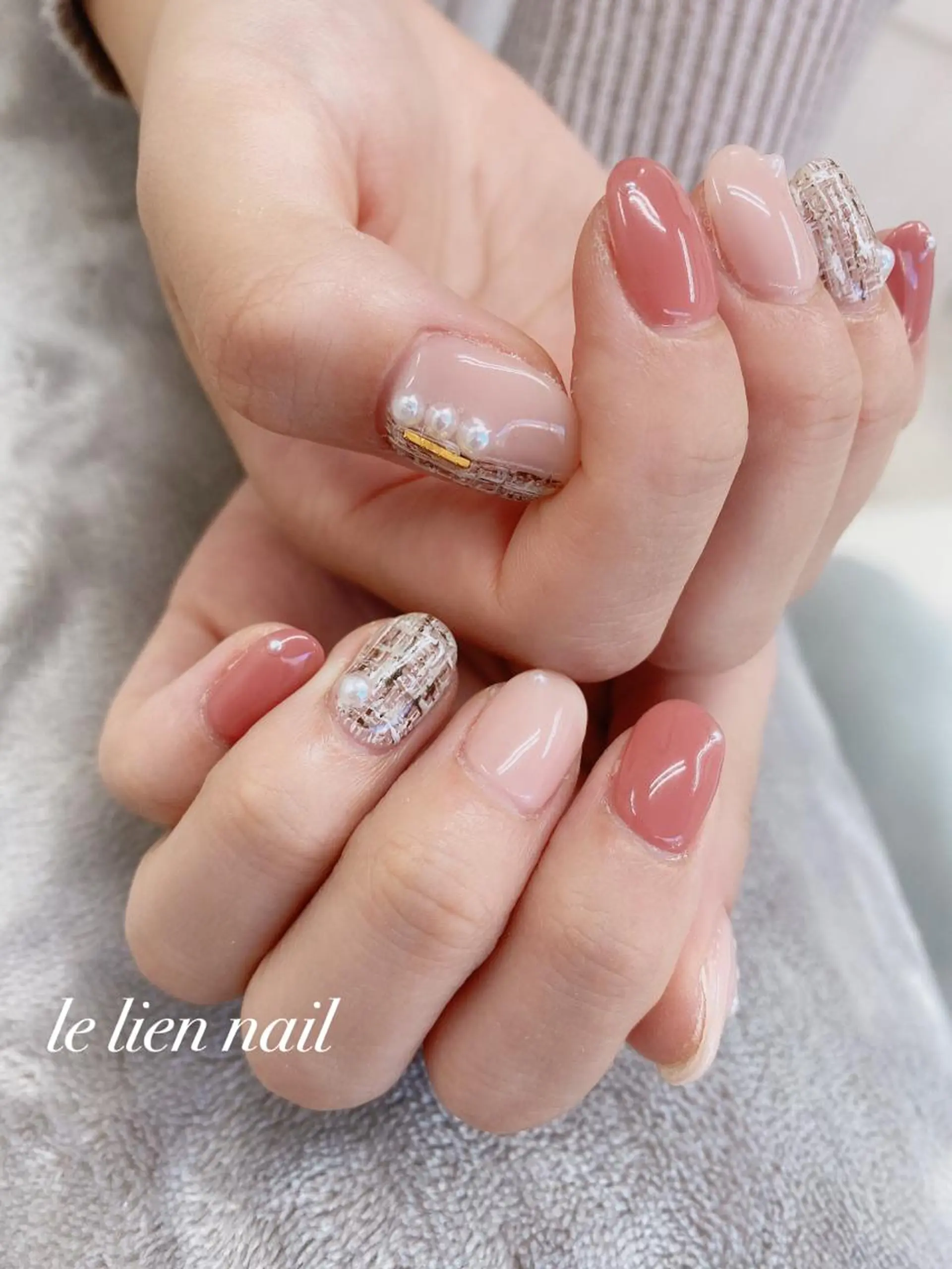 ネイル ピンク ツイードネイル 冬ネイル le lien nailのネイルデザイン