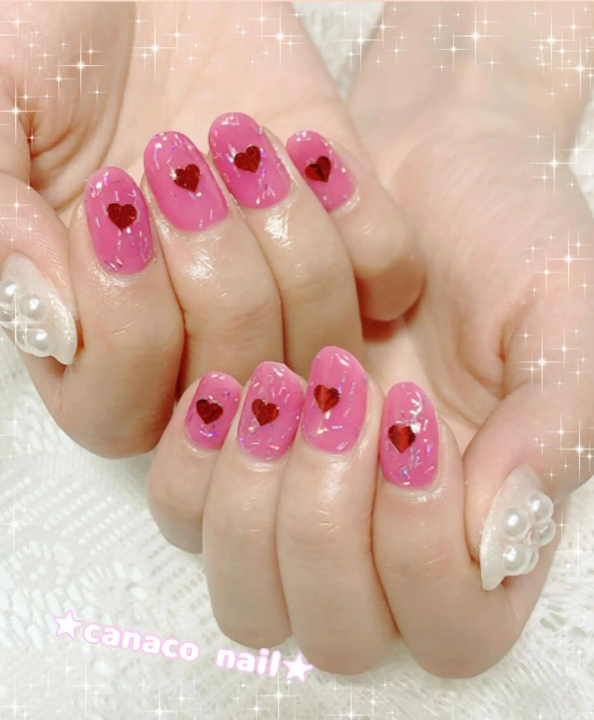 ネイル アートネイル フラワーネイル ラメ(グリッター) ピンク ハンドネイル ハンドケア Felice所属・ベテランネイル cnc  nailのネイルデザイン