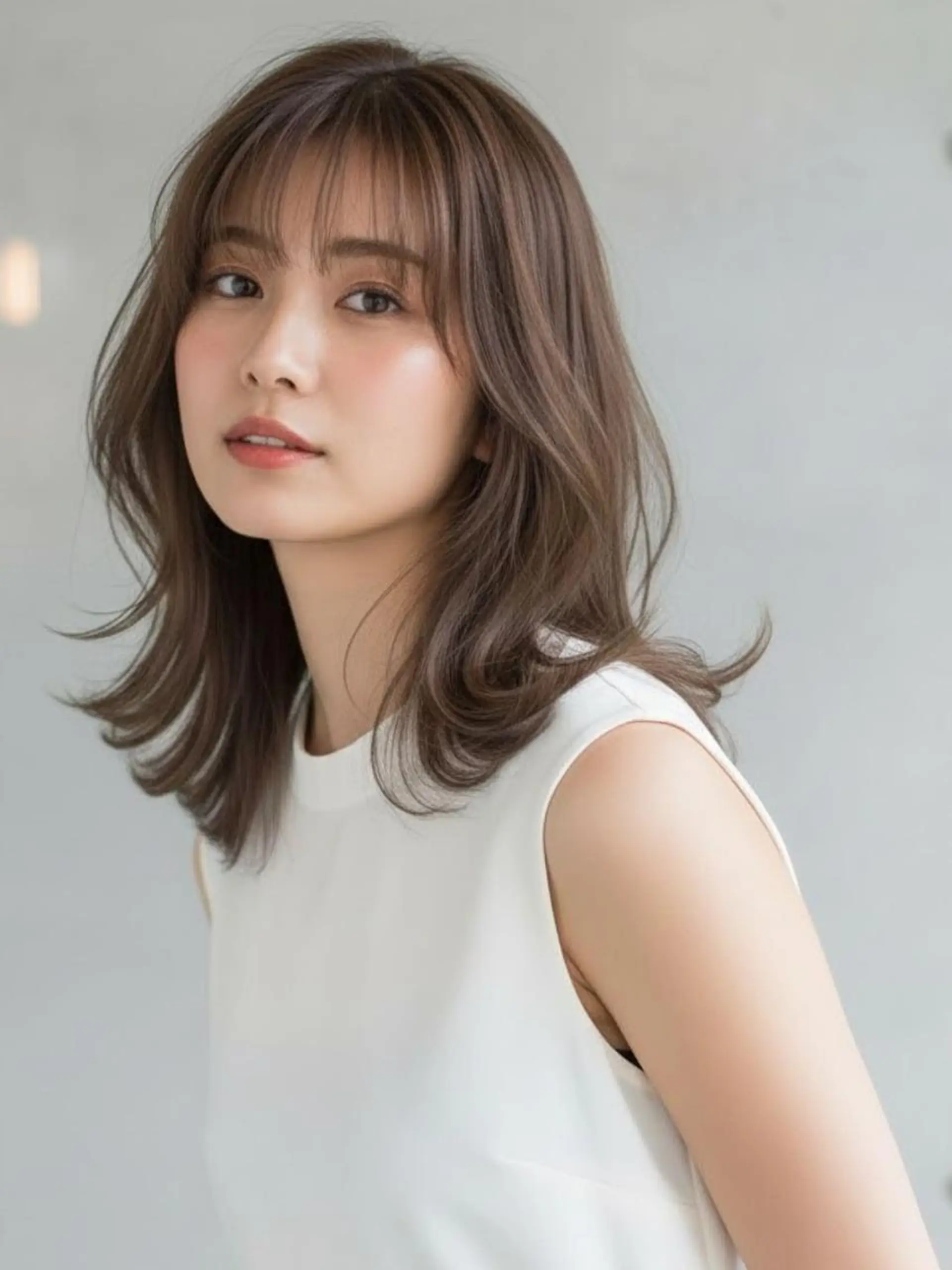 ミディアム カラー アッシュ ベージュカラー 透明感カラー 顔周りカット レイヤーカット ヘアカラー ヘアサロン エム渋谷のヘアスタイル