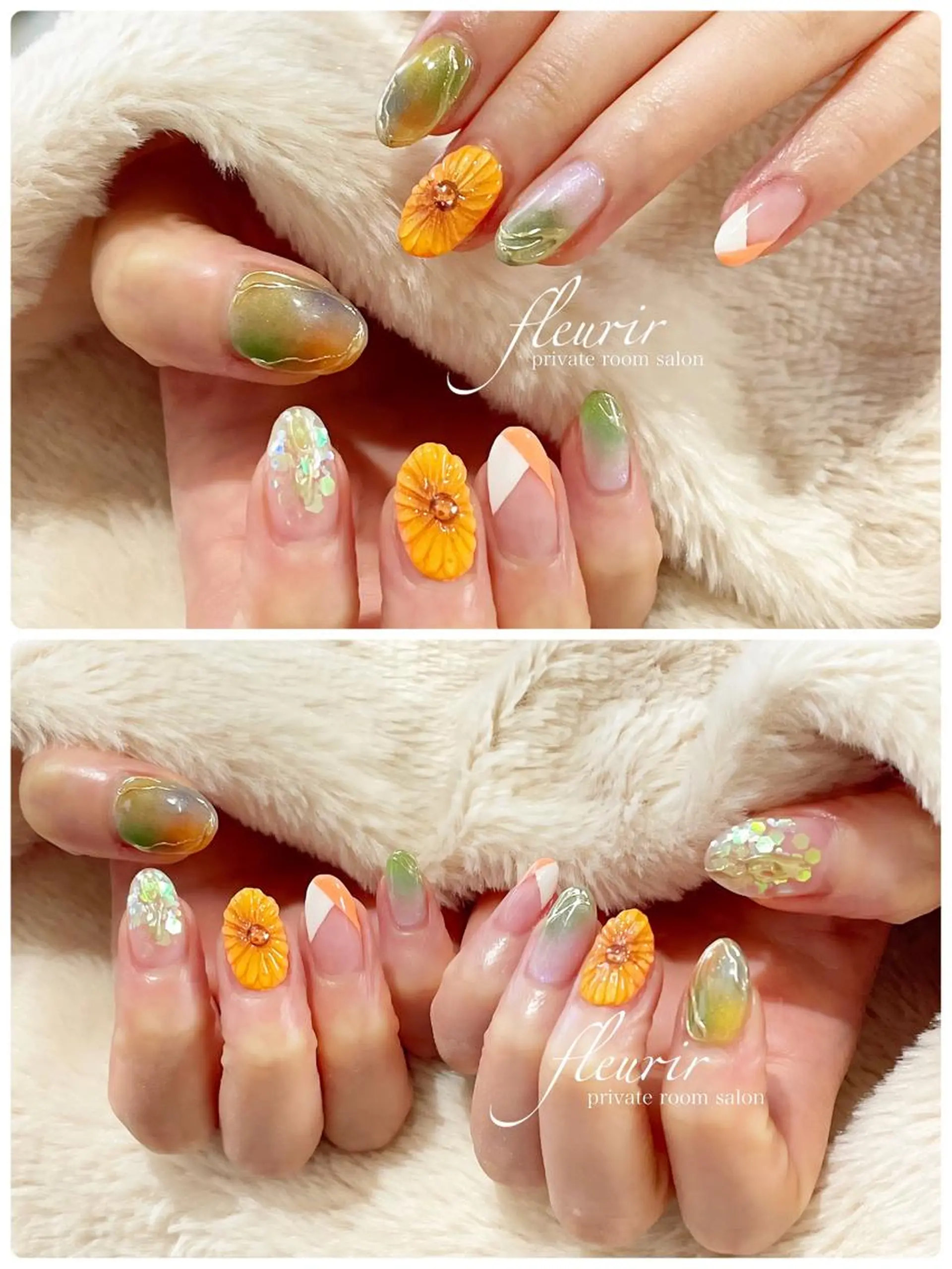 ネイル アートネイル オレンジ フルリール 【プライベートサロンのネイルデザイン