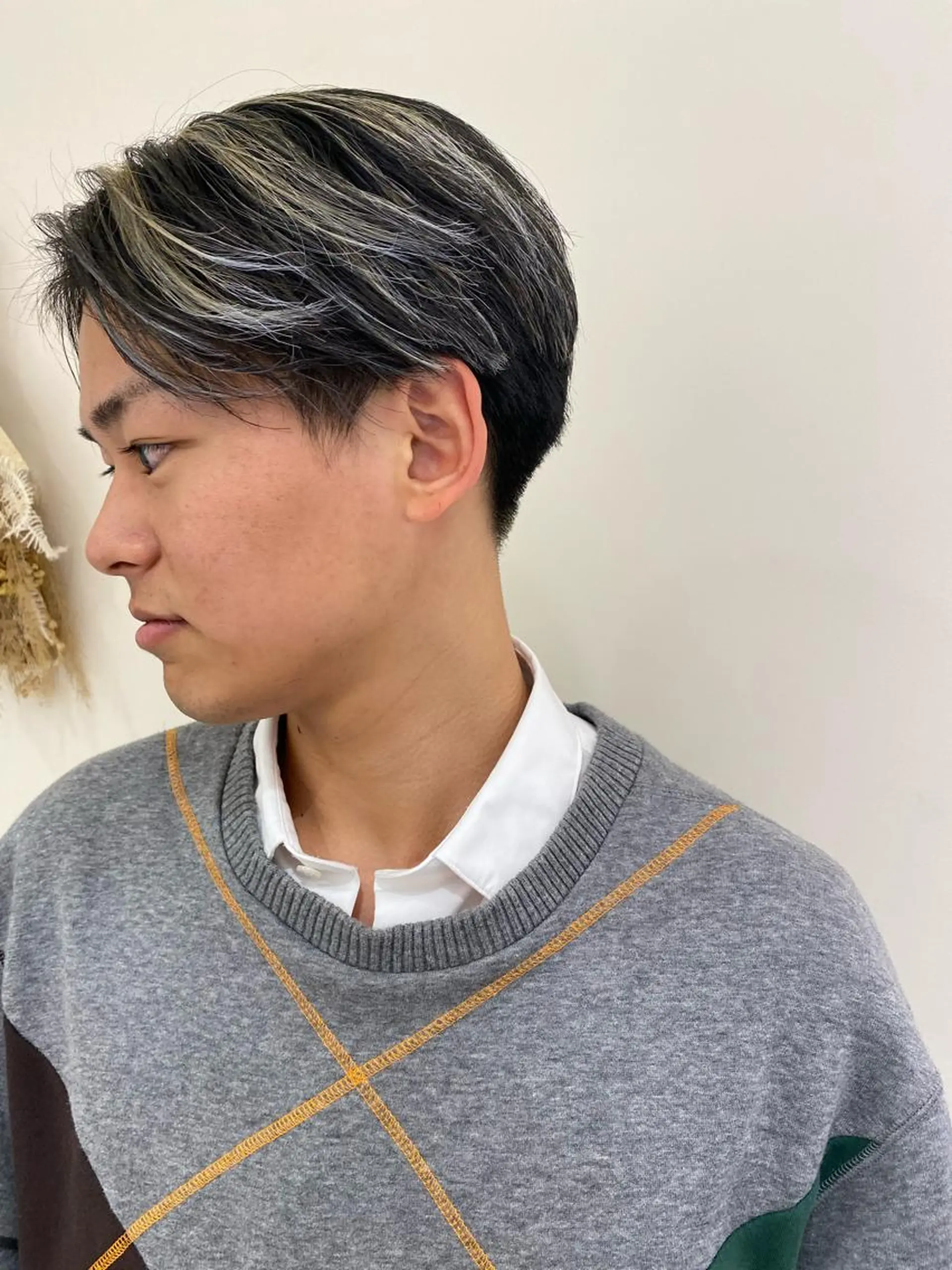 カラー メンズ 細めハイライト🩶 ボブ/レイヤーカットのヘアスタイル