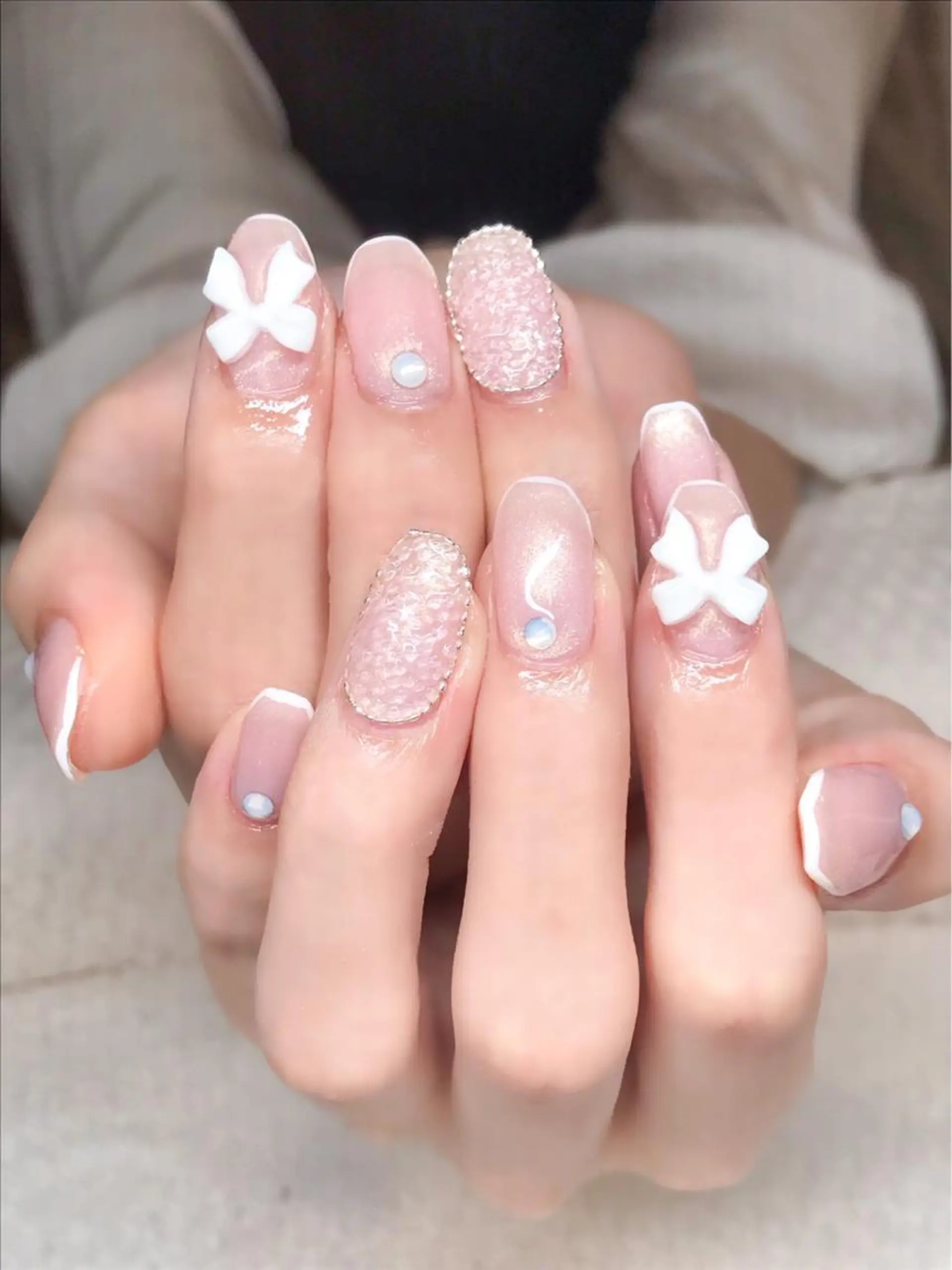 ネイル フレンチネイル ジェルネイル キラキラネイル ピンク リボン Nyanco Nailのネイルデザイン