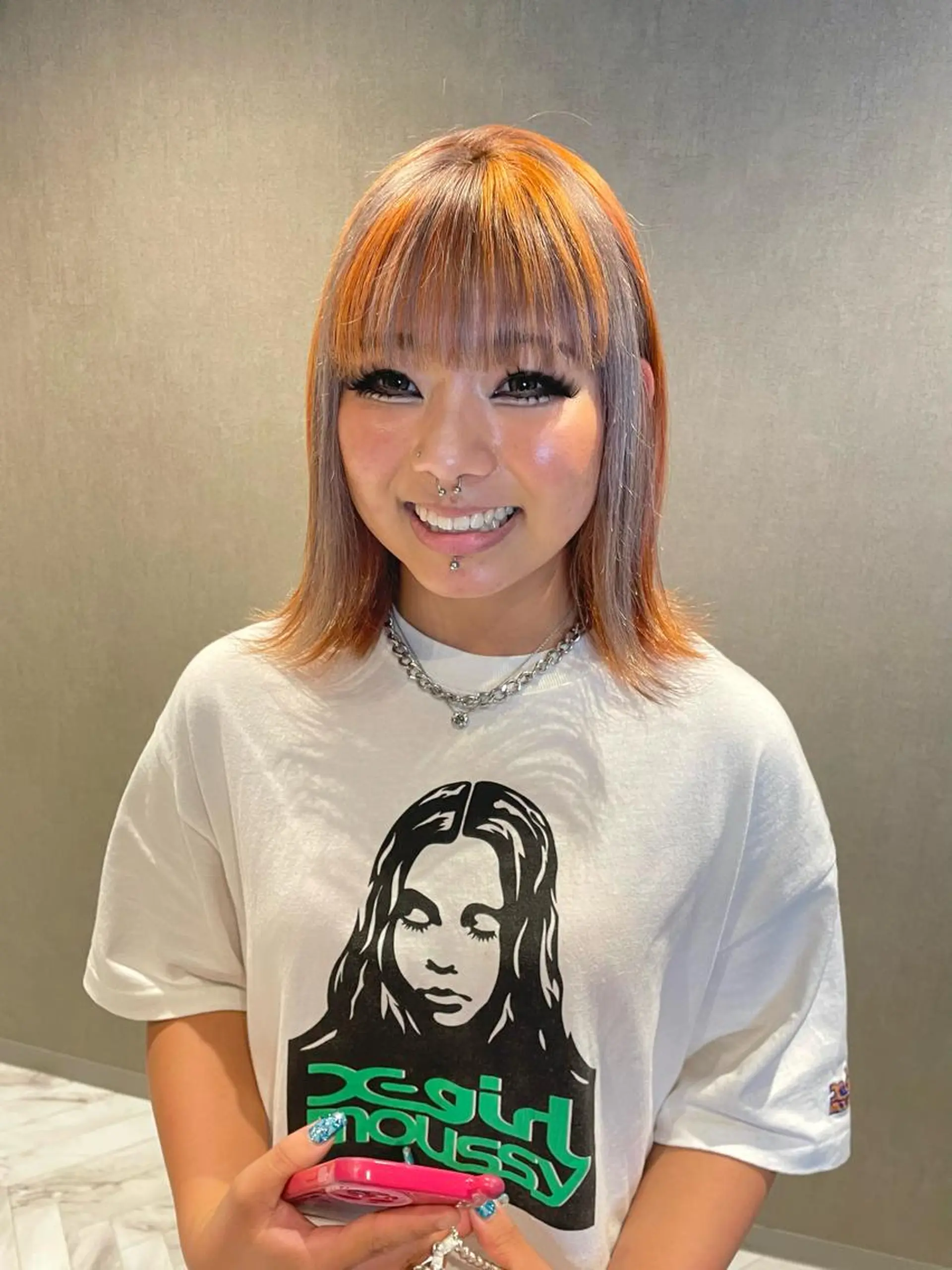 ミディアム カラー ベージュカラー オレンジ ヘアカラー トリートメント パーマ、ストパー モデル募集、ちはるのヘアスタイル