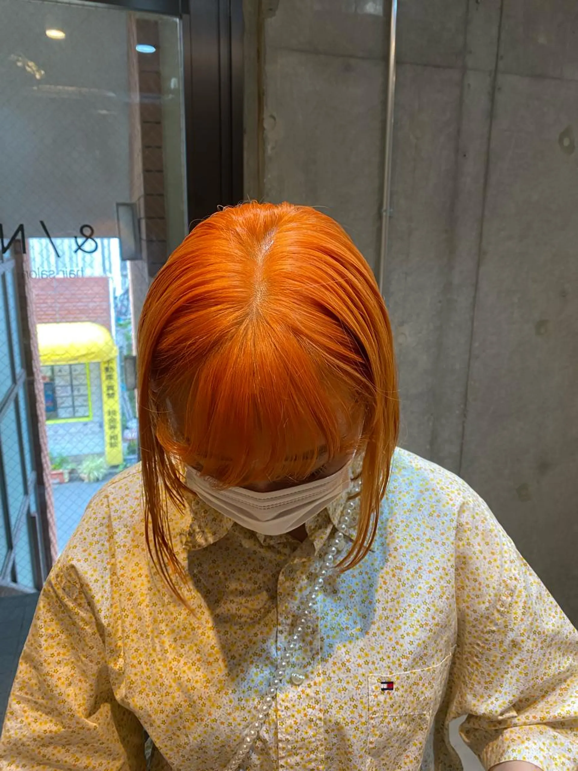 カラー オレンジ 透明感ブリーチ ハイトーンウエダのヘアスタイル