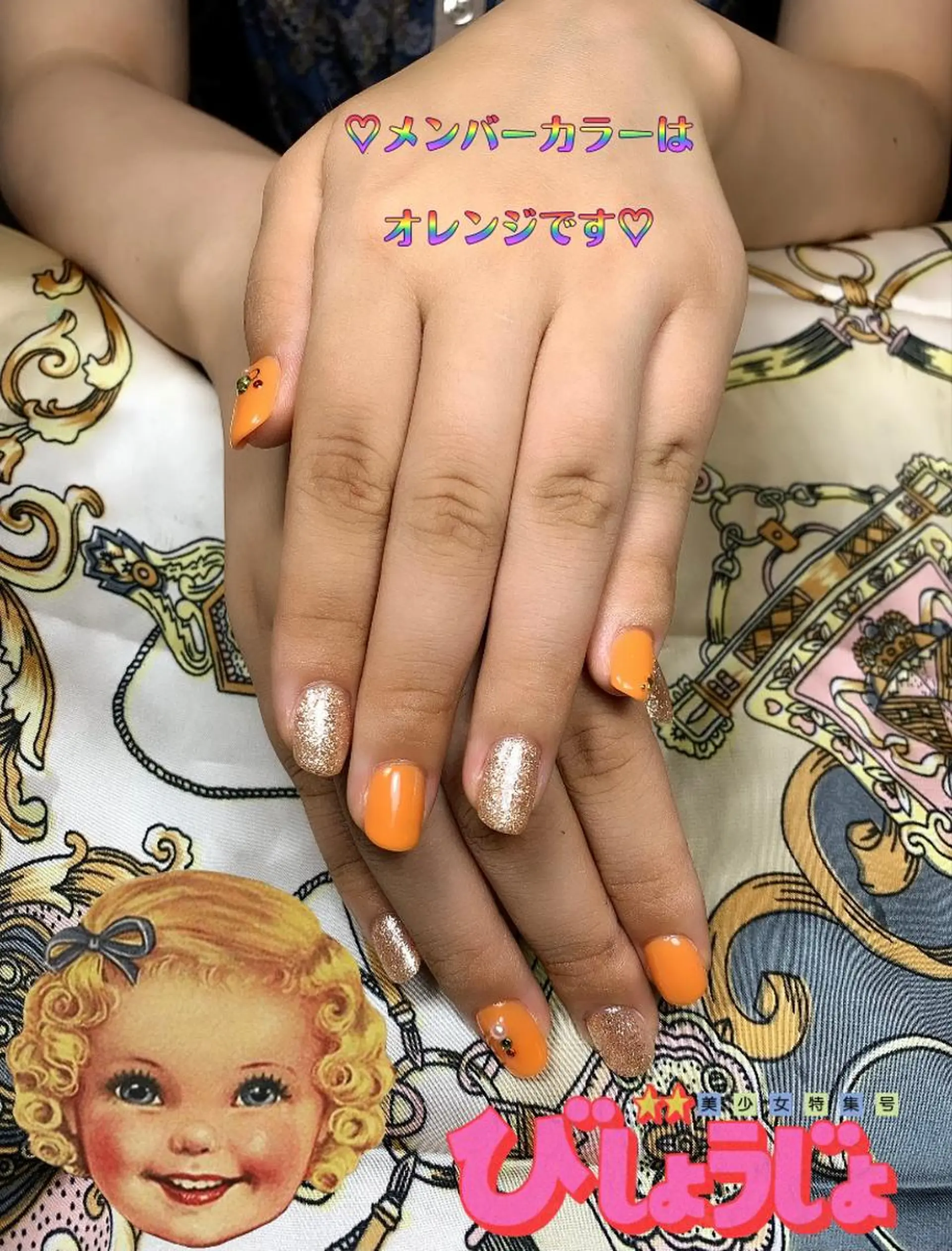ネイル グリーン オレンジ ストーンネイル Nail Salon R.N アールドットエヌ所属・R.N アールドットエヌのネイルデザイン