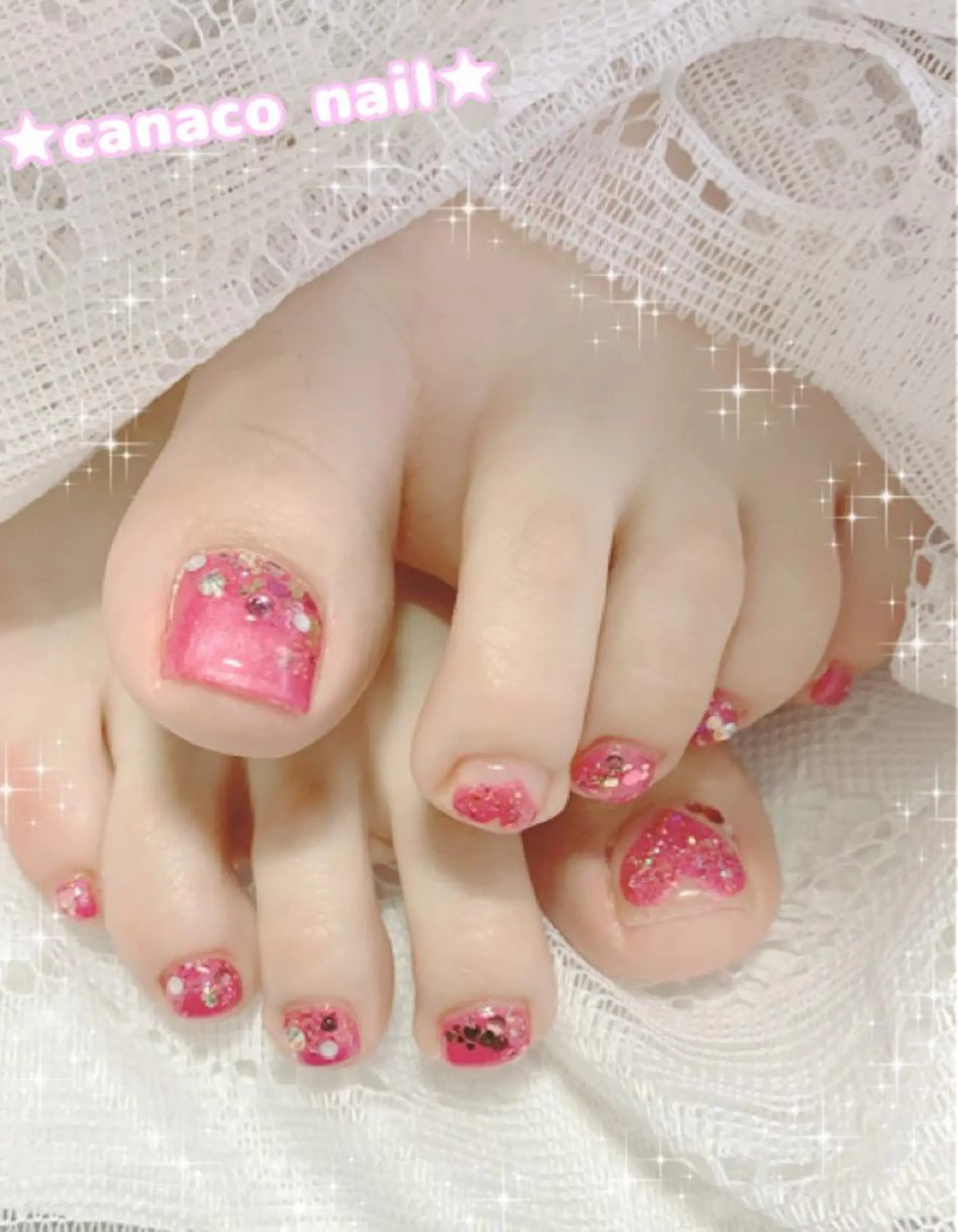 ネイル フットネイル ハート キラキラネイル ピンク Felice所属・ベテランネイル cnc nailのネイルデザイン