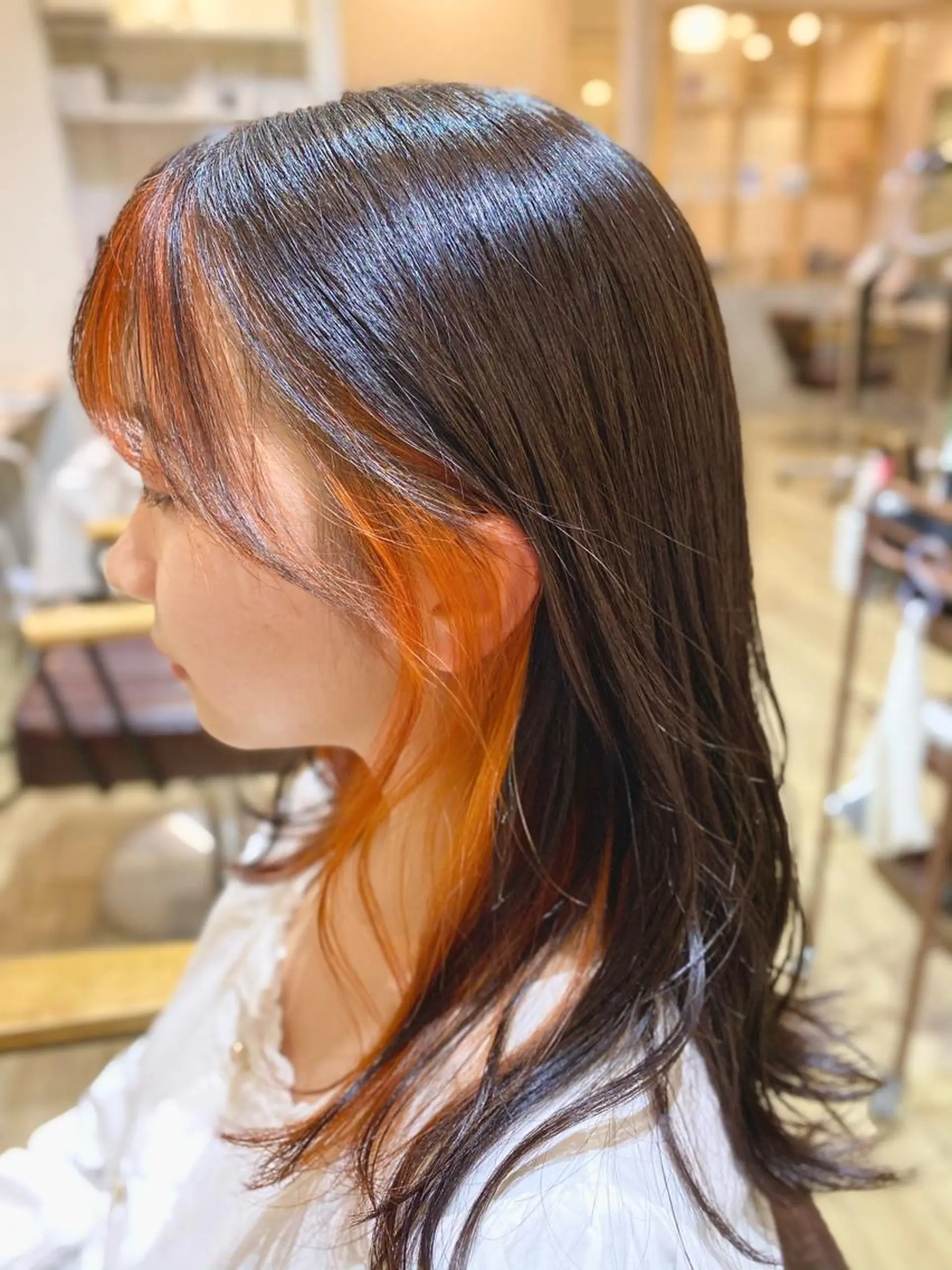 ミディアム カラー ブリーチ インナーカラー オレンジ ヘアカラー トリートメント マンツーマン/透明感 foi hairのヘアスタイル