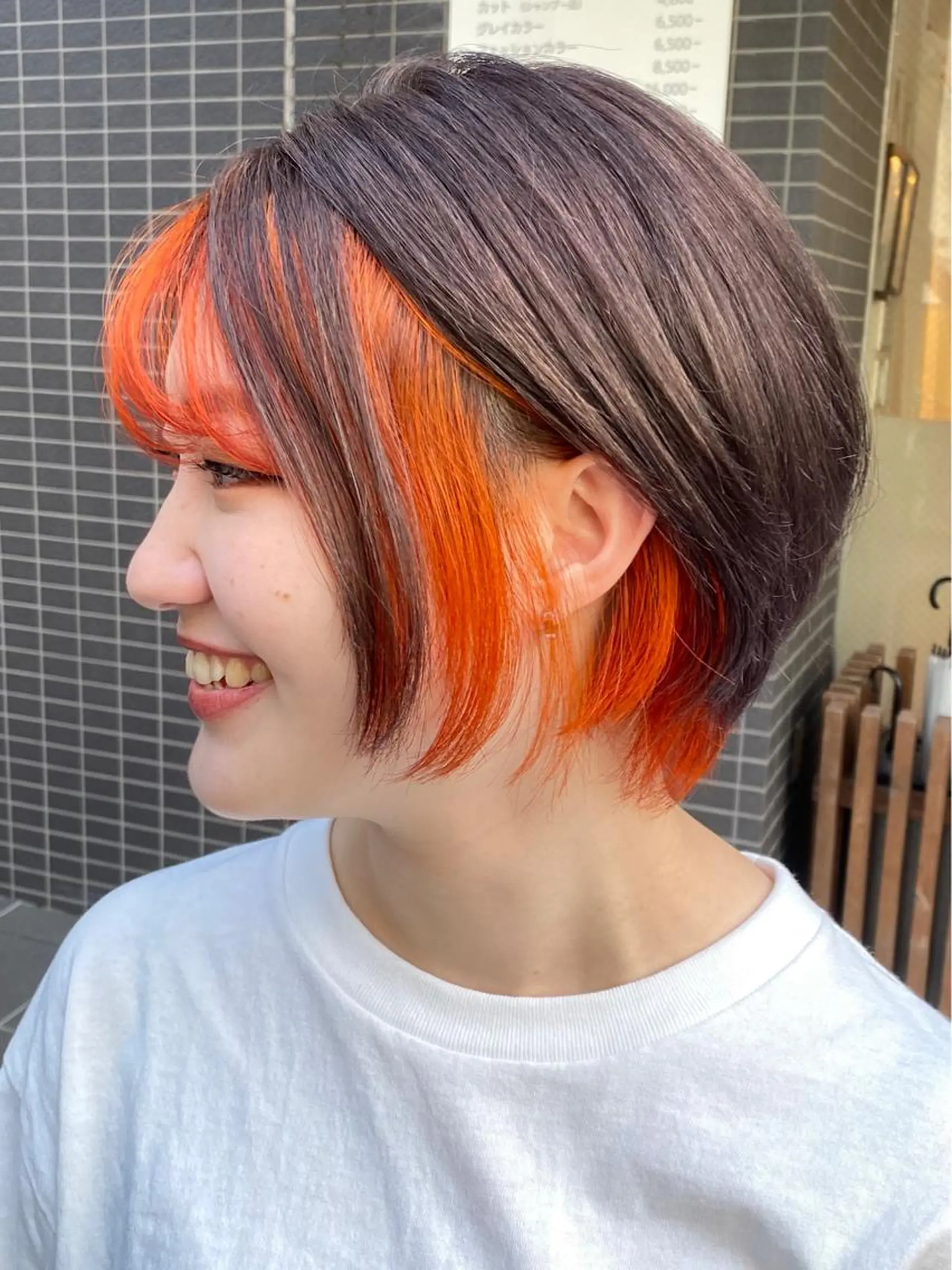 ショート カラー オレンジ ショートヘア 白髪ぼかし バレイヤージュ志鎌のヘアスタイル