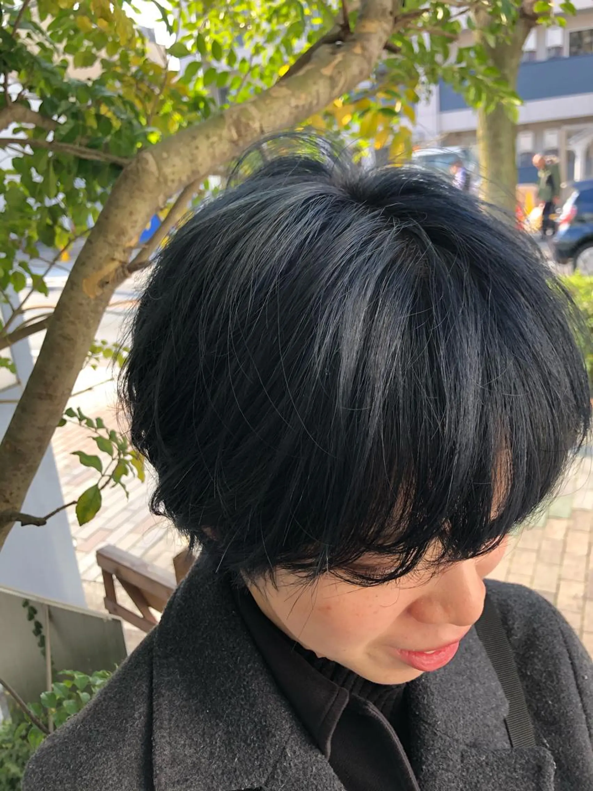 ショート カラー アディクシーカラー 黒髪 ブリーチ ブルーカラー ネイビーカラー 本山　くせ毛のカット 尾島光季のヘアスタイル