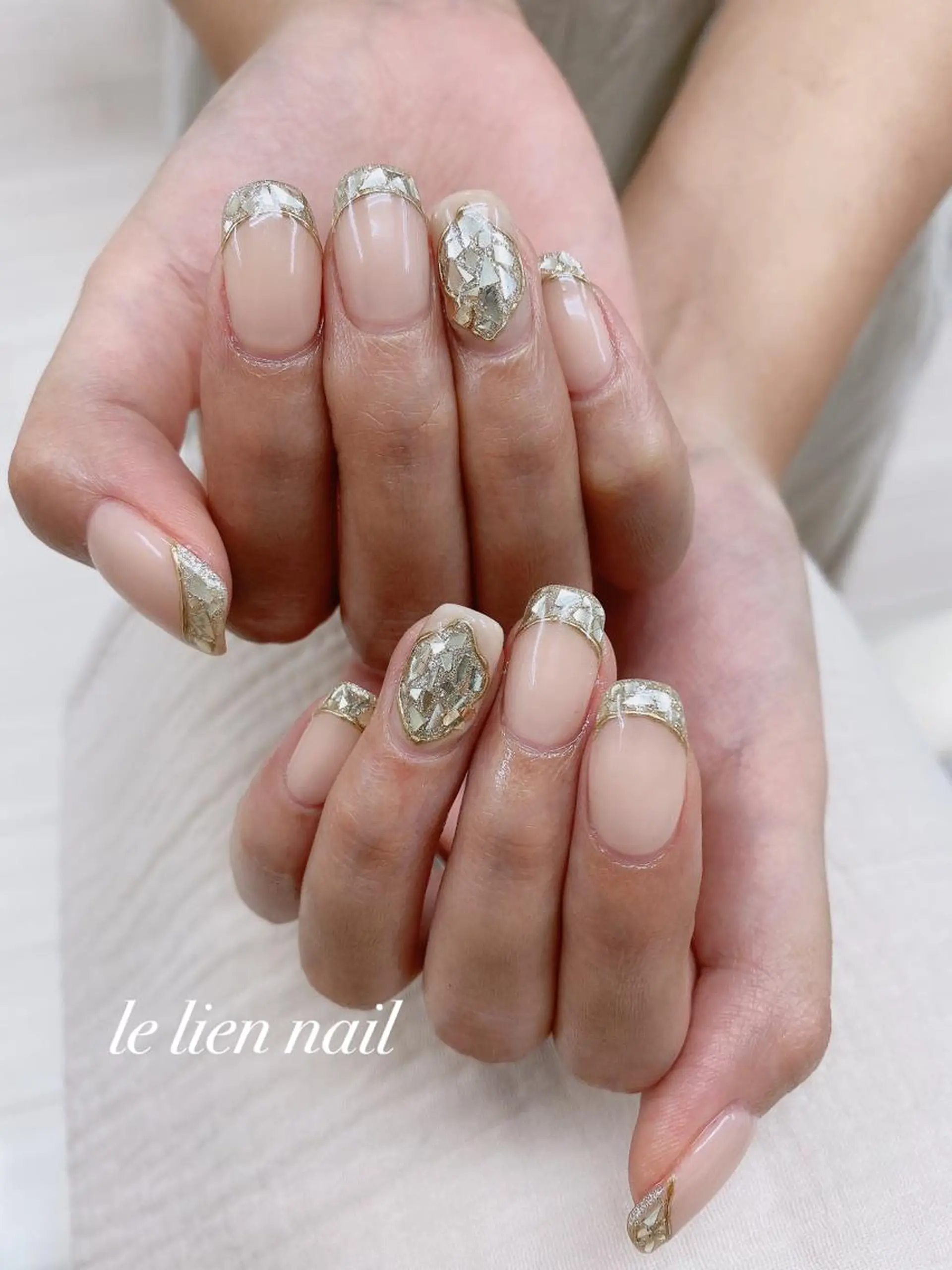 ネイル アートネイル フレンチネイル ガラスフレンチ ゴールド キラキラネイル le lien nailのネイルデザイン