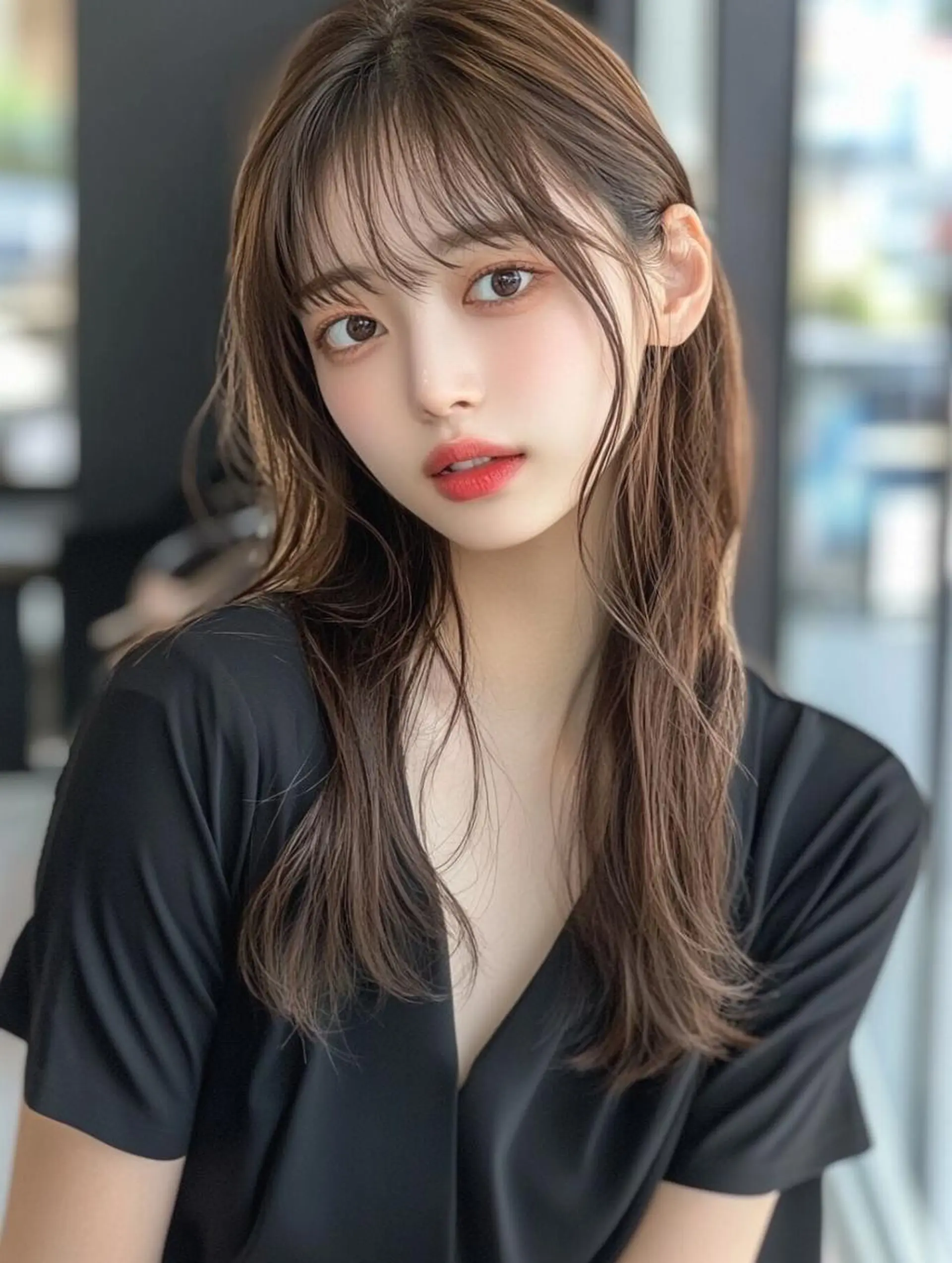 セミロング カラー 赤みなしオリーブ ハイトーン×レイヤーのヘアスタイル