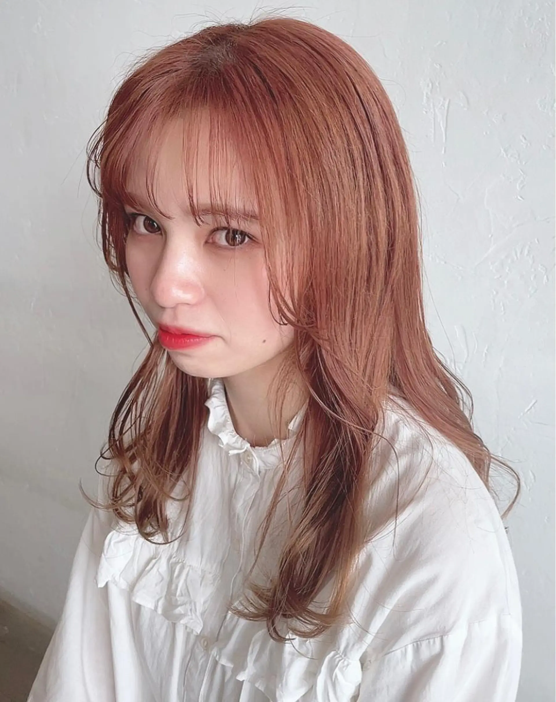 ミディアム カラー オレンジ オレンジピンク ピンクカラー Sherry/R 三川町　木村祐里奈のヘアスタイル