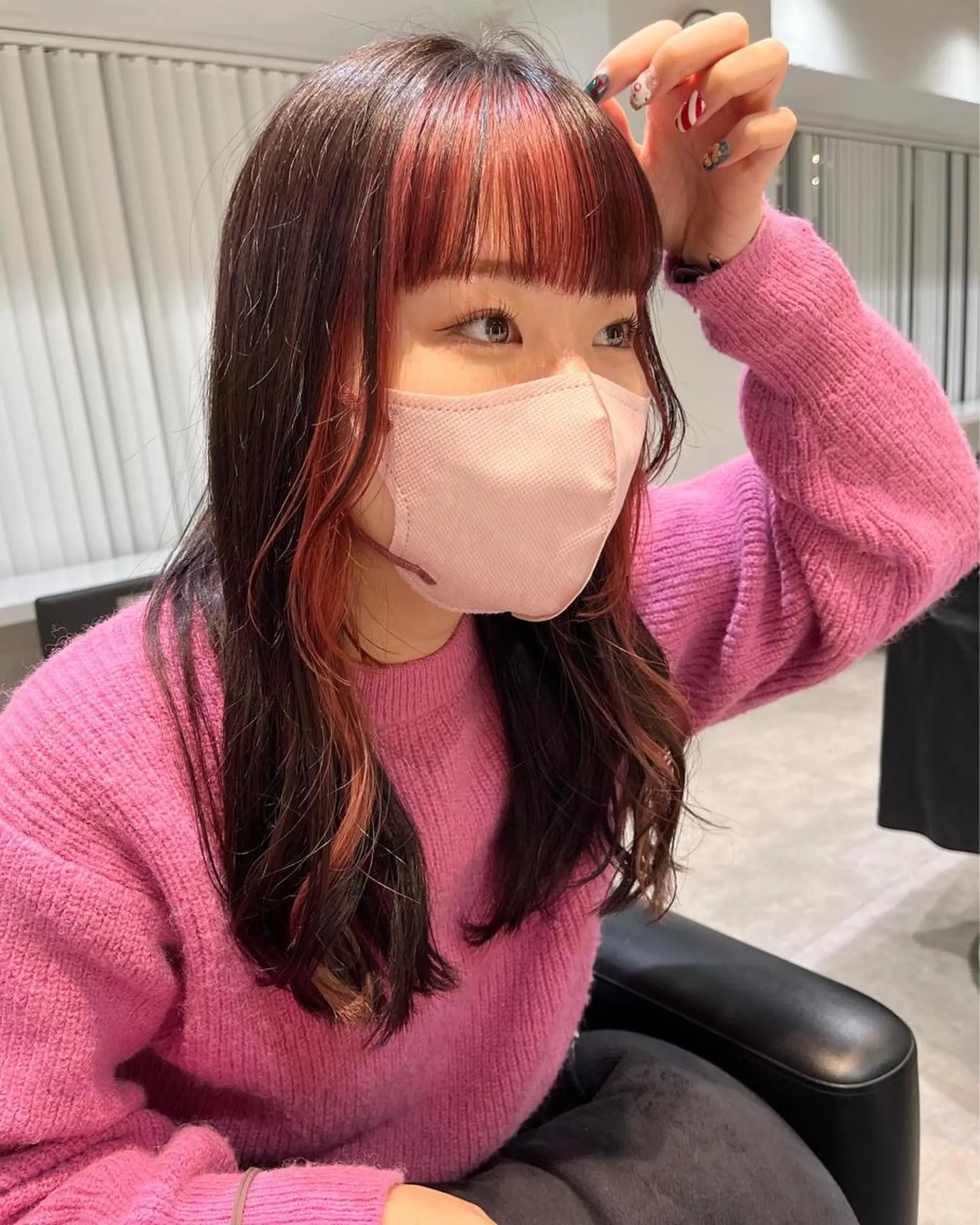 ロング カラー ヘアアレンジ ミストバング  フェイスフレーミング ピンクカラー カット ヘアカラー トリートメント ヘアセット 🌷ボブ/髪質改善 ストレートのヘアスタイル