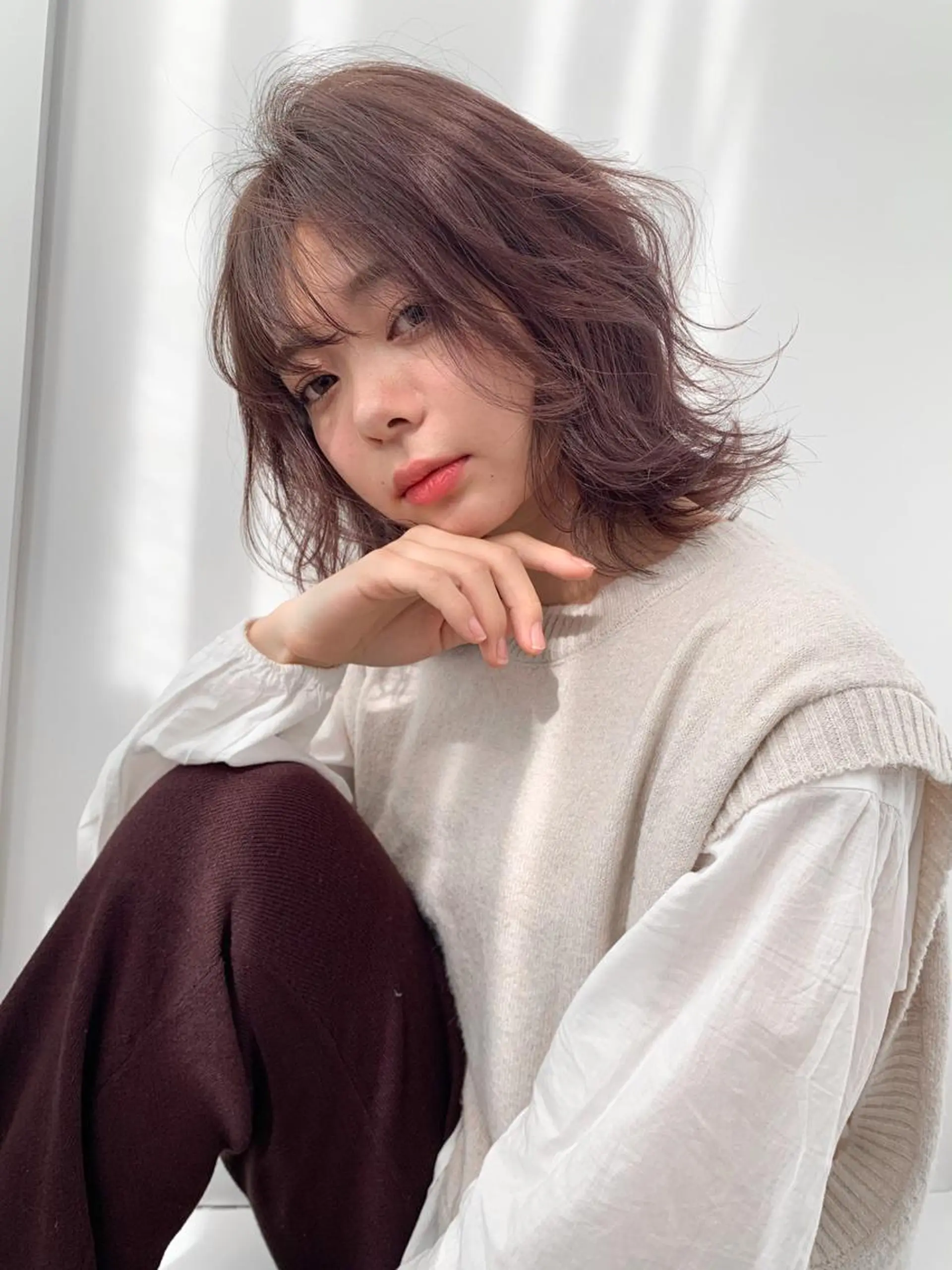 ミディアム カラー ベージュカラー ピンクカラー ピンクベージュ 森下 玲奈のヘアスタイル