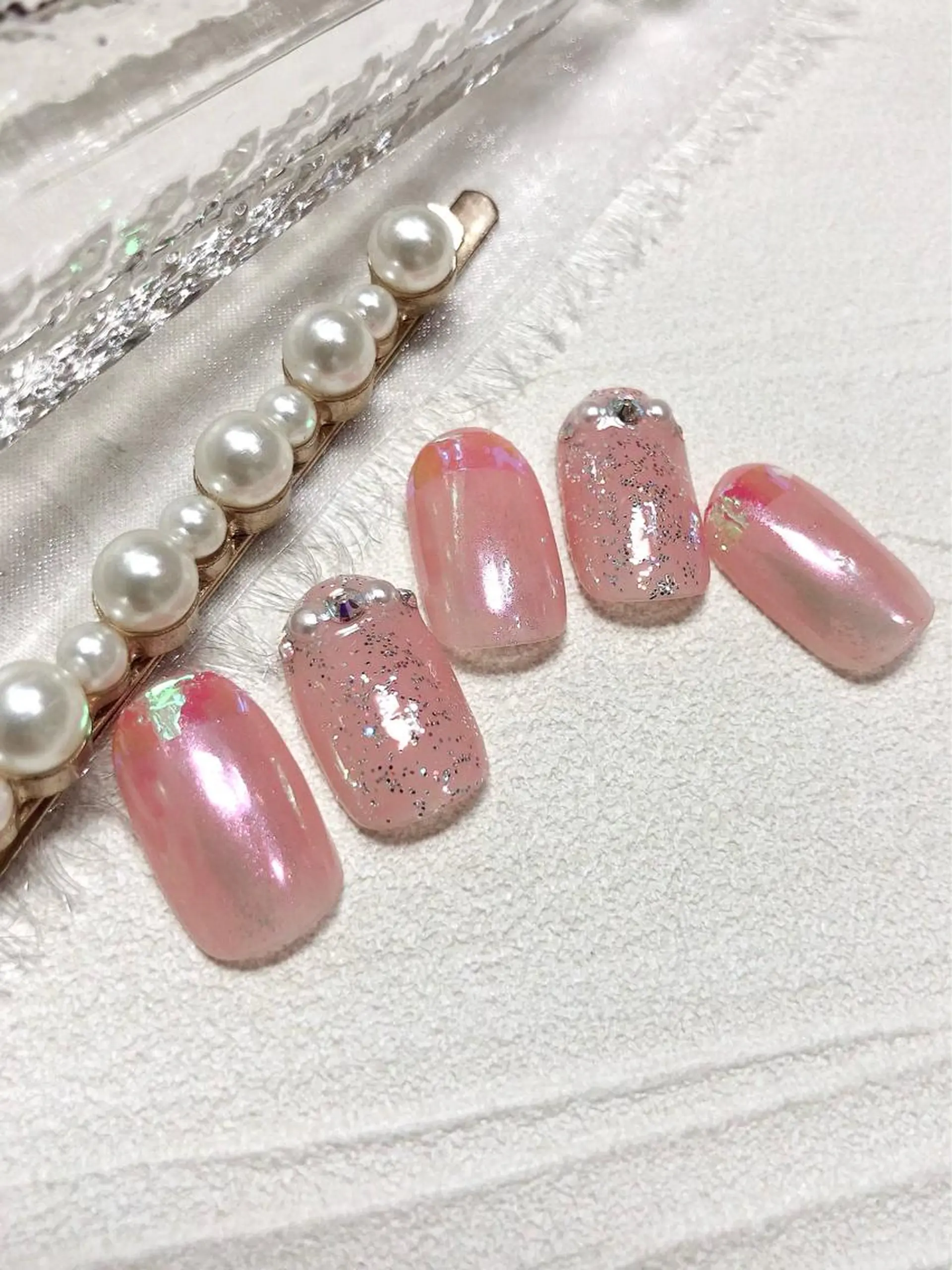 ネイル オーロラネイル 氷ネイル・うるうるネイル ピンク 梅津 郁美のネイルデザイン