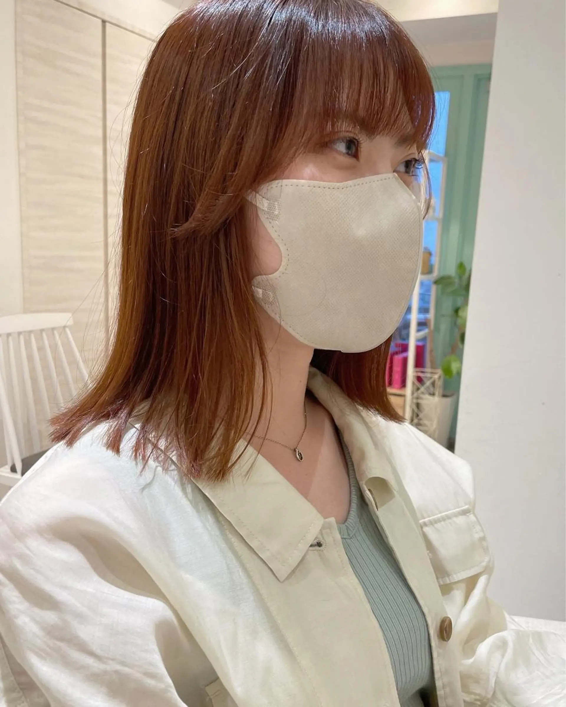 ミディアム 切りっぱなしボブ オレンジブラウン ボブ Chiho / 梅田 / ボブ/ パーマのヘアスタイル