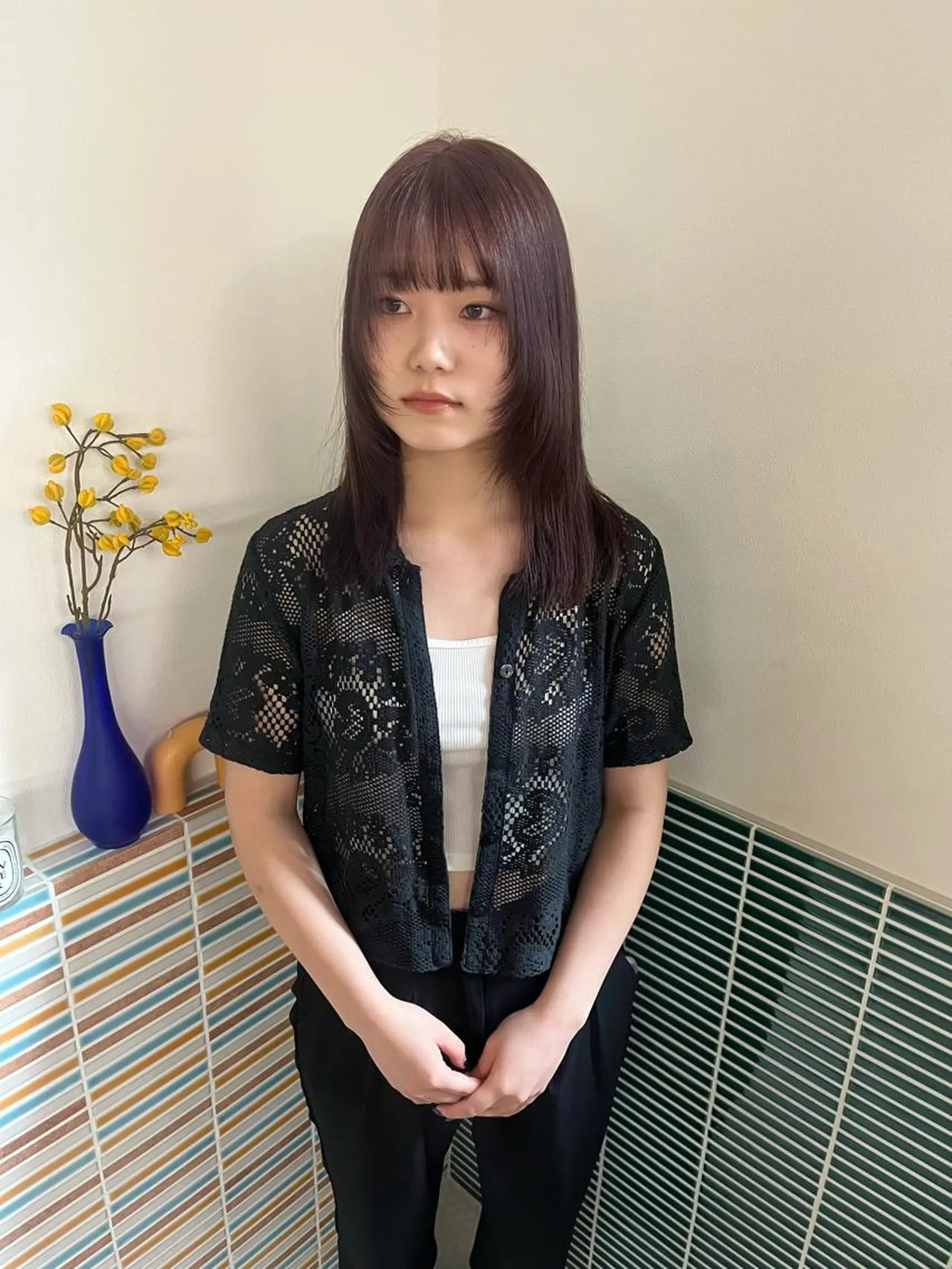 ミディアム カラー ブリーチ ラベンダーカラー レイヤーカット ヘアカラー トリートメント 🩷ハイトーン透明感 レイヤー🩷ユリカのヘアスタイル