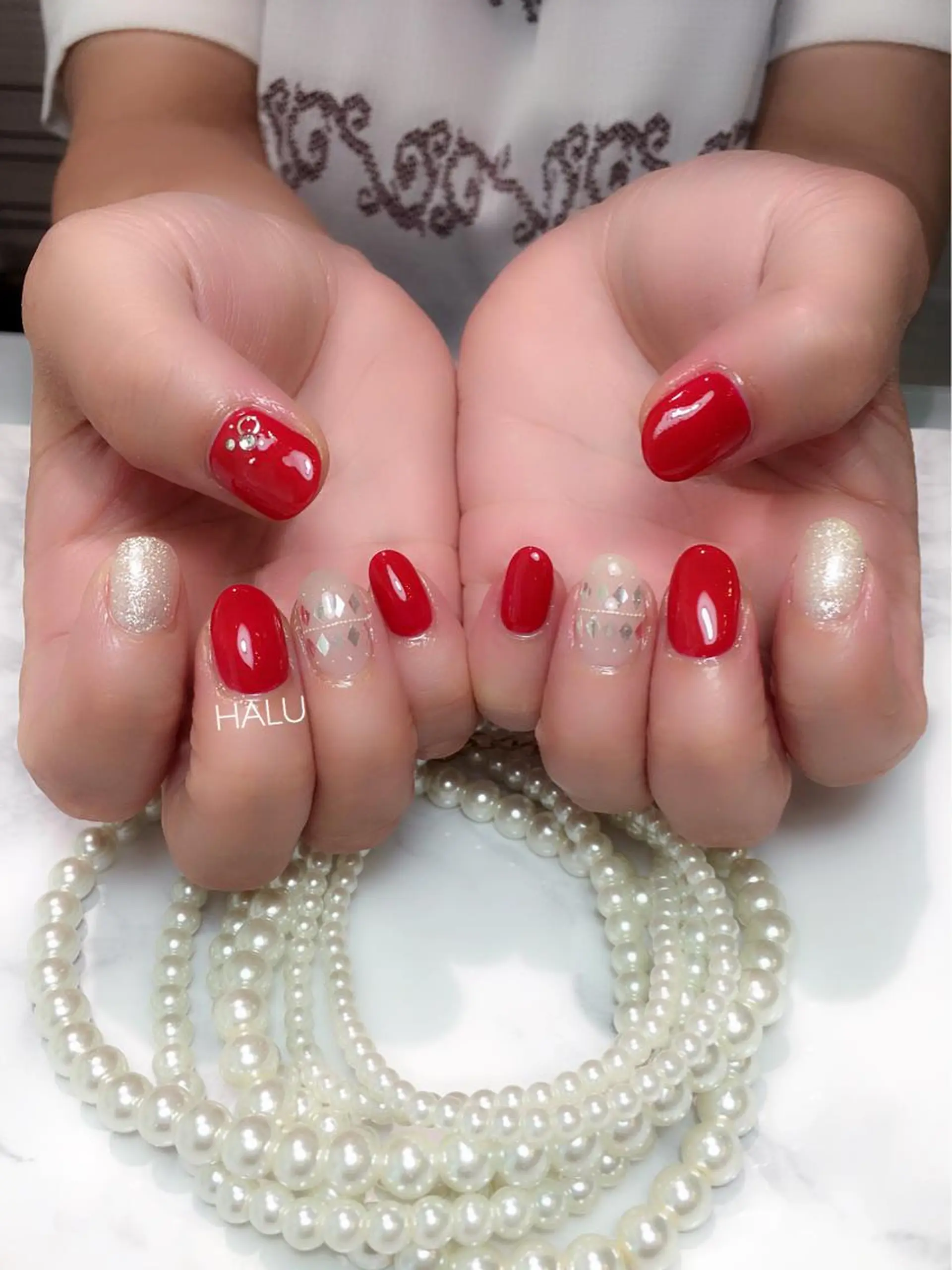 ネイル クリアネイル 赤色 シルバー シンプルネイル HALU ハルのネイルデザイン
