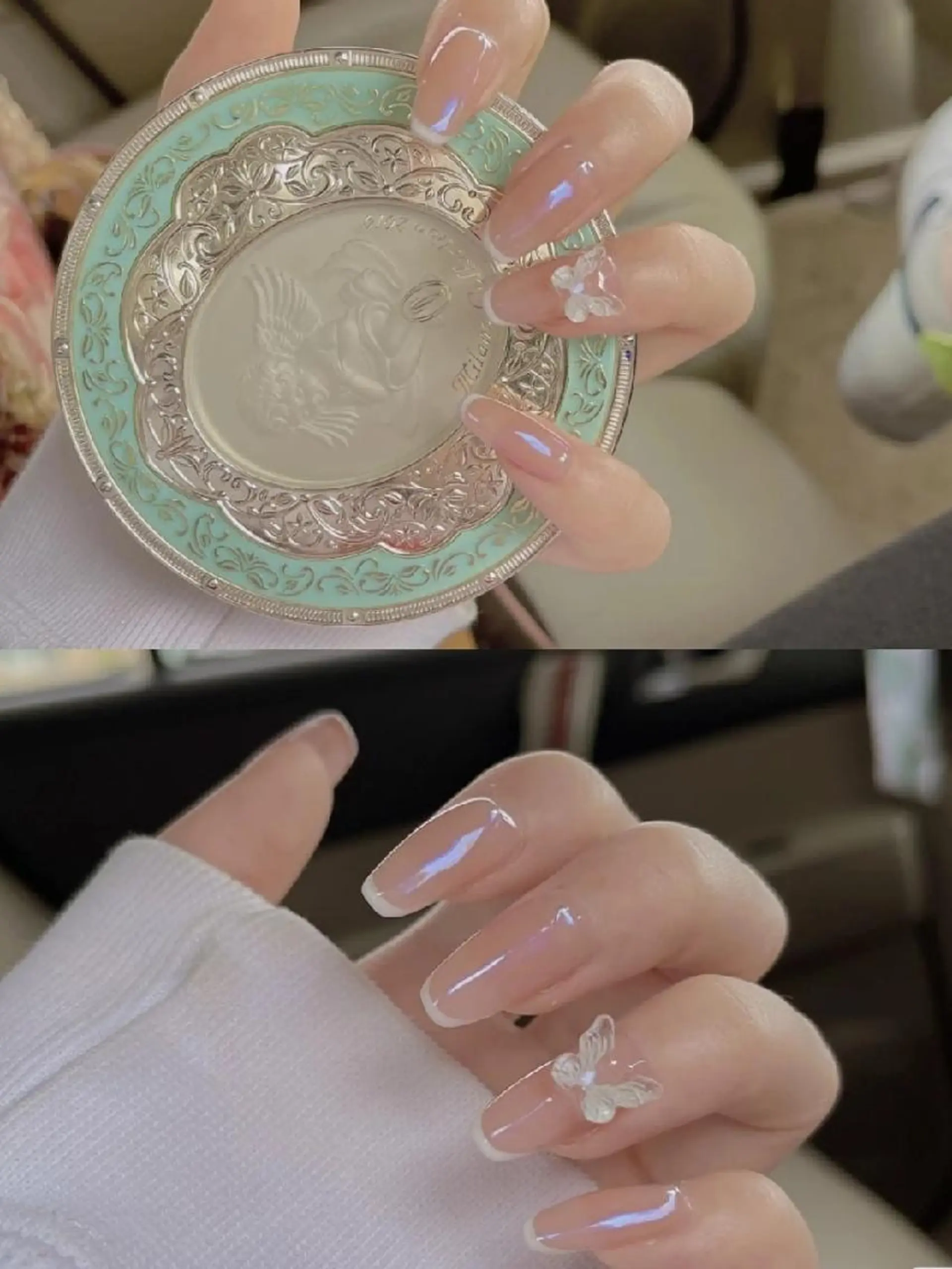 セミロング ネイル オーロラネイル フレンチネイル ハンドネイル ネイリストゆか💅 長さだし、深爪矯正のネイルデザイン