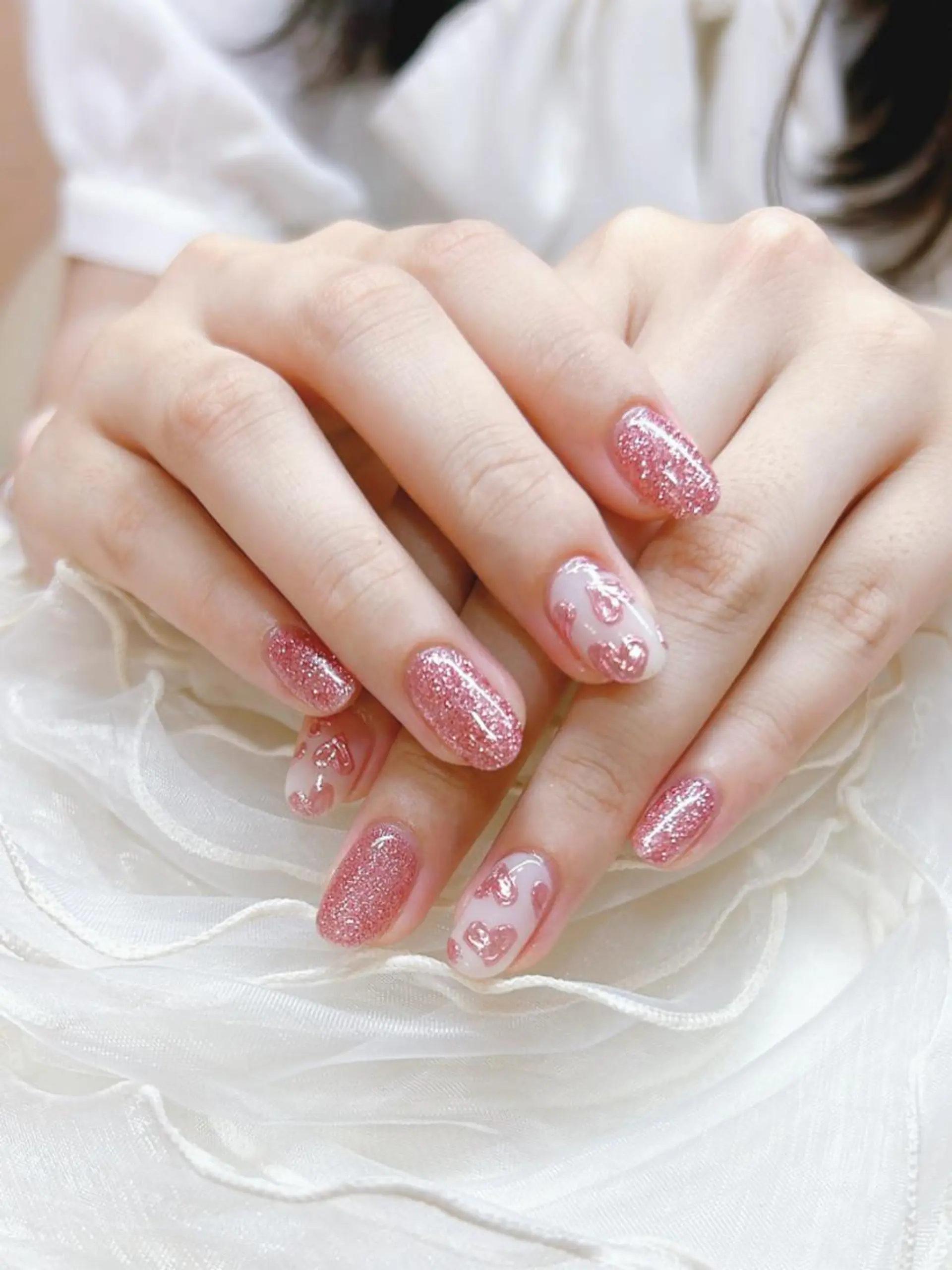 ネイル ハート ラメ(グリッター) ミラーネイル ピンク SWEET NAIL所属・SWEET NAILのネイルデザイン