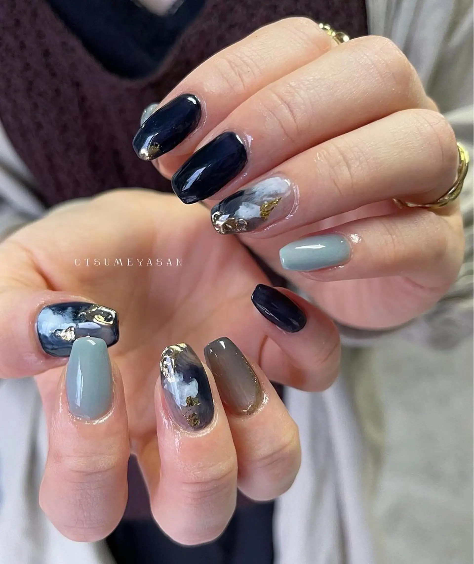 ネイル 韓国ネイル ネイビー ニュアンスネイル ぷっくりネイル 夏ネイル otsumeyasan所属・わたなべ ちかのネイルデザイン
