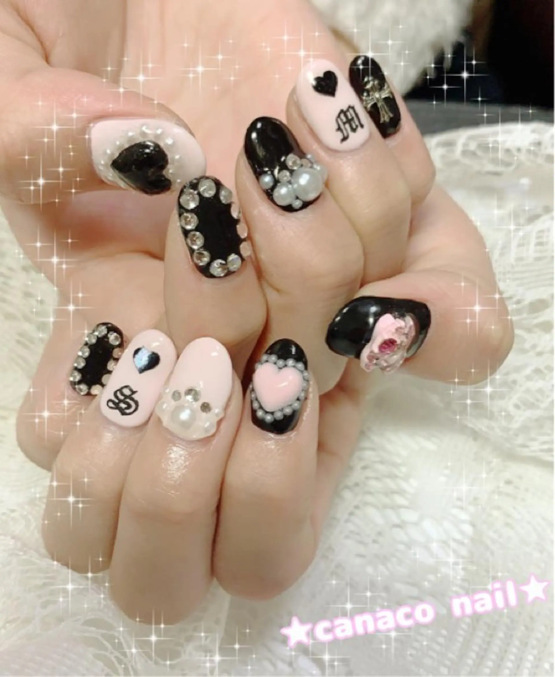 ネイル ハート ピンク ストーンネイル ハンドネイル ハンドケア Felice所属・ベテランネイル cnc  nailのネイルデザイン