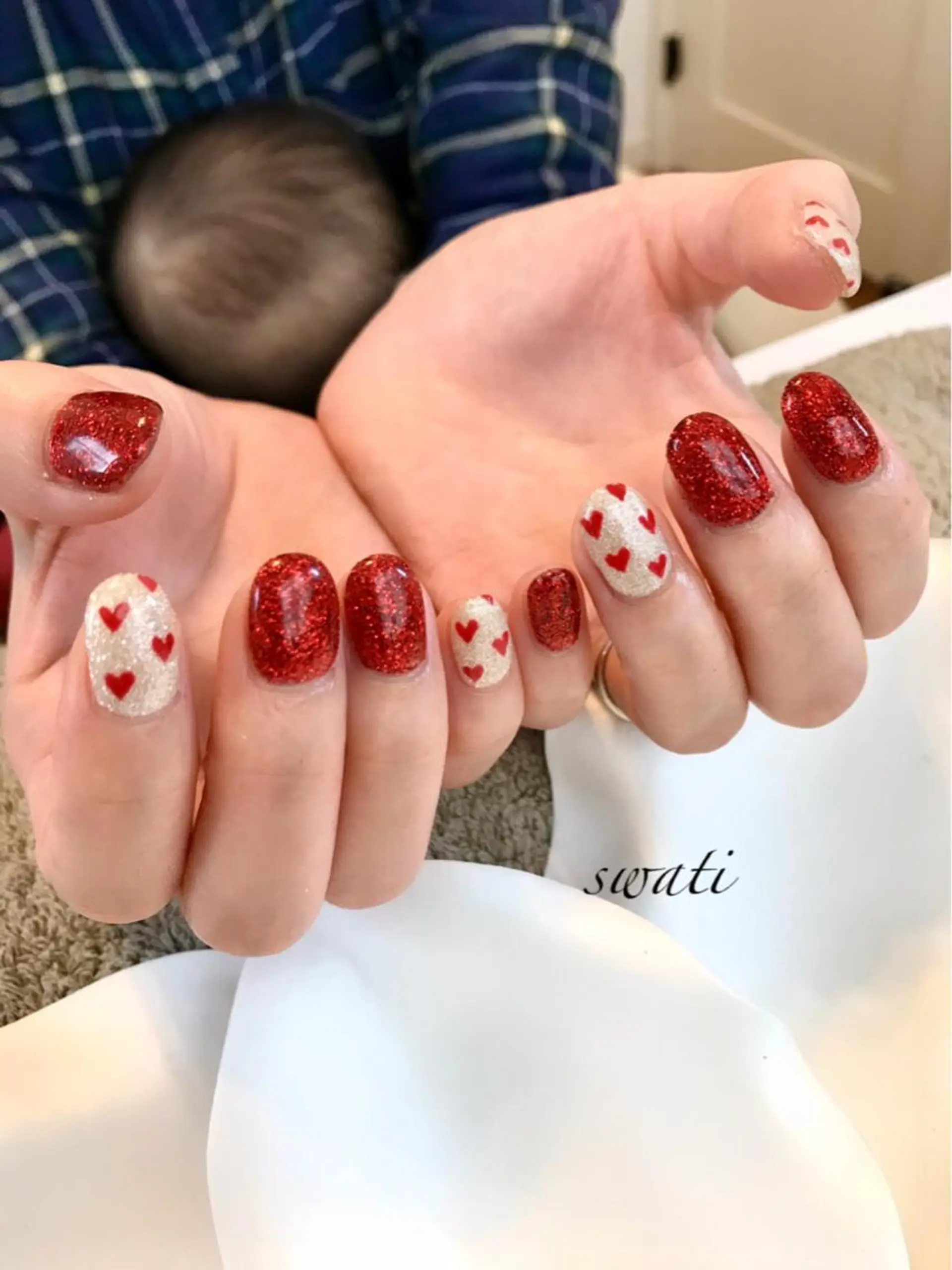 ネイル アートネイル ハート ラメ(グリッター) オフィスネイル 赤色 yuko (ネイリスト)のネイルデザイン