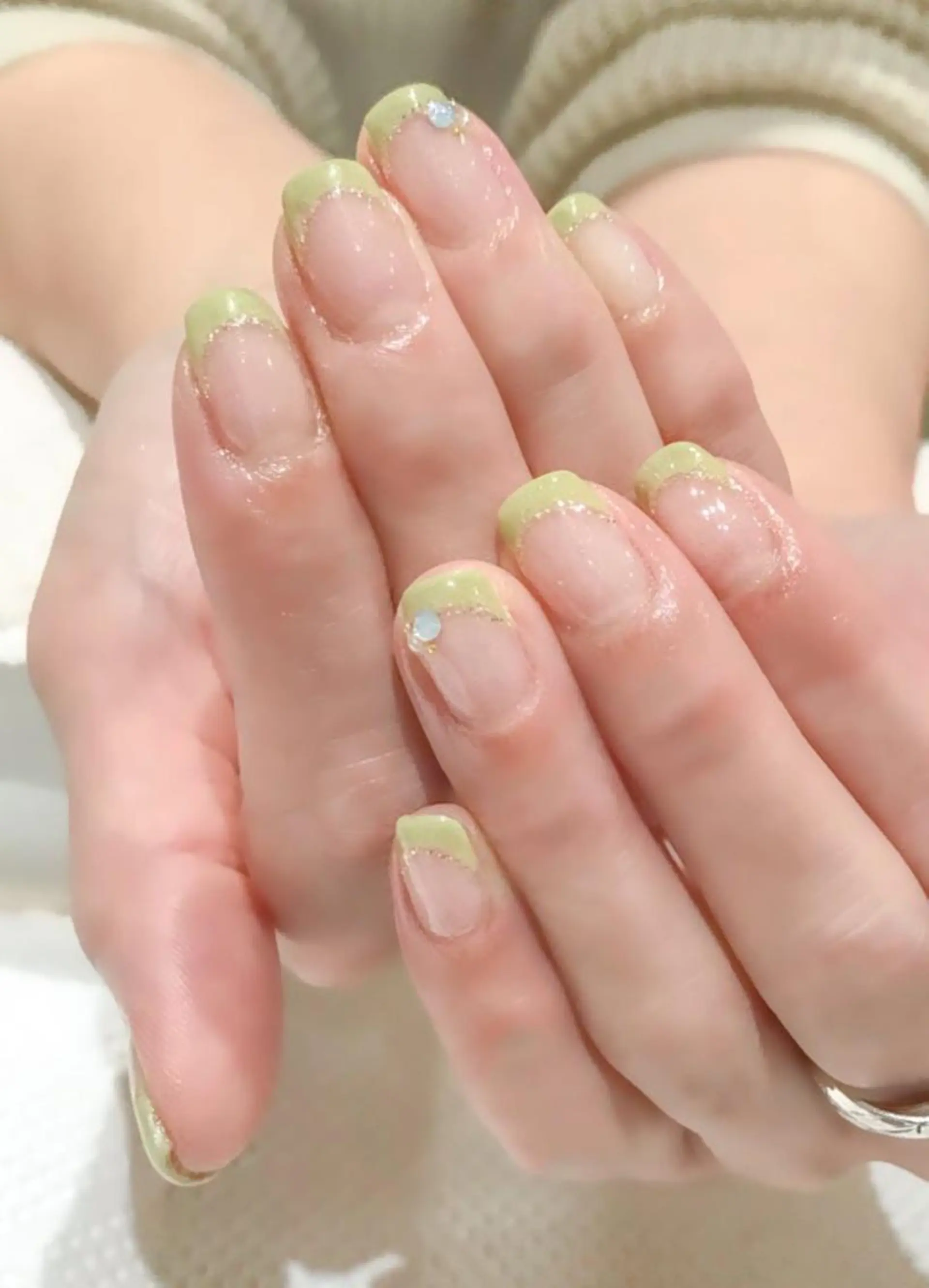 ネイル フレンチネイル ジェルネイル グリーン 春ネイル スクエアネイル Nyanco Nailのネイルデザイン